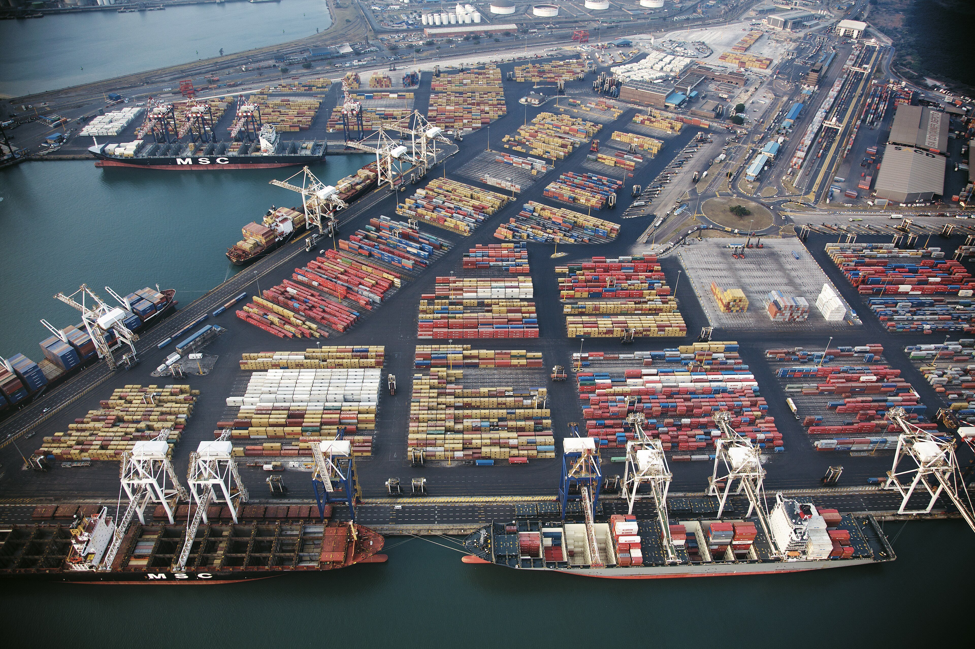 Shipping containers stacked at the Port of Durban, where goods bound for the United States leave South Africa