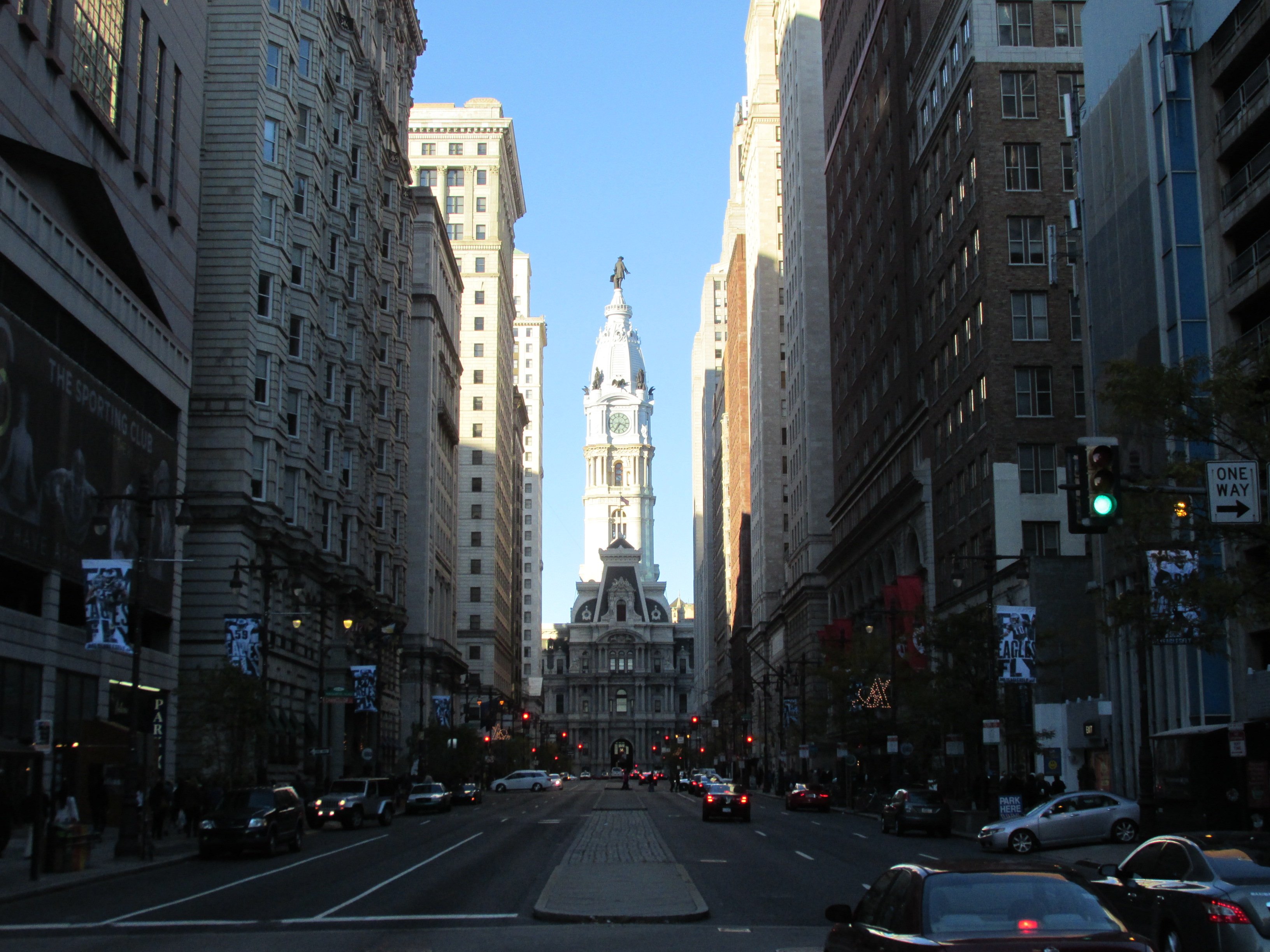 Philadelphia City Hall, the stone building with its tall clock tower