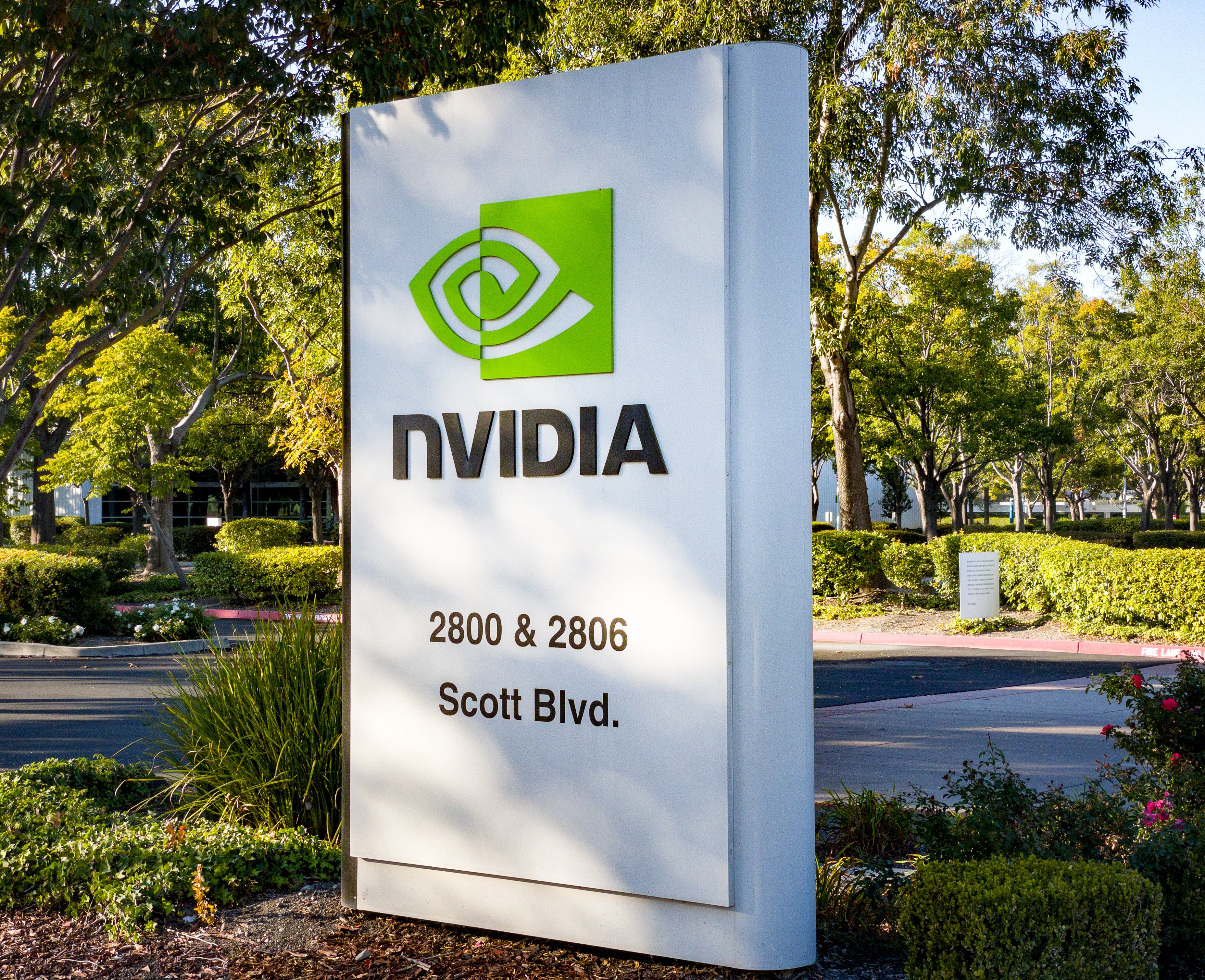 The Nvidia sign outside its Santa Clara headquarters, the single biggest weight in the S&P 500