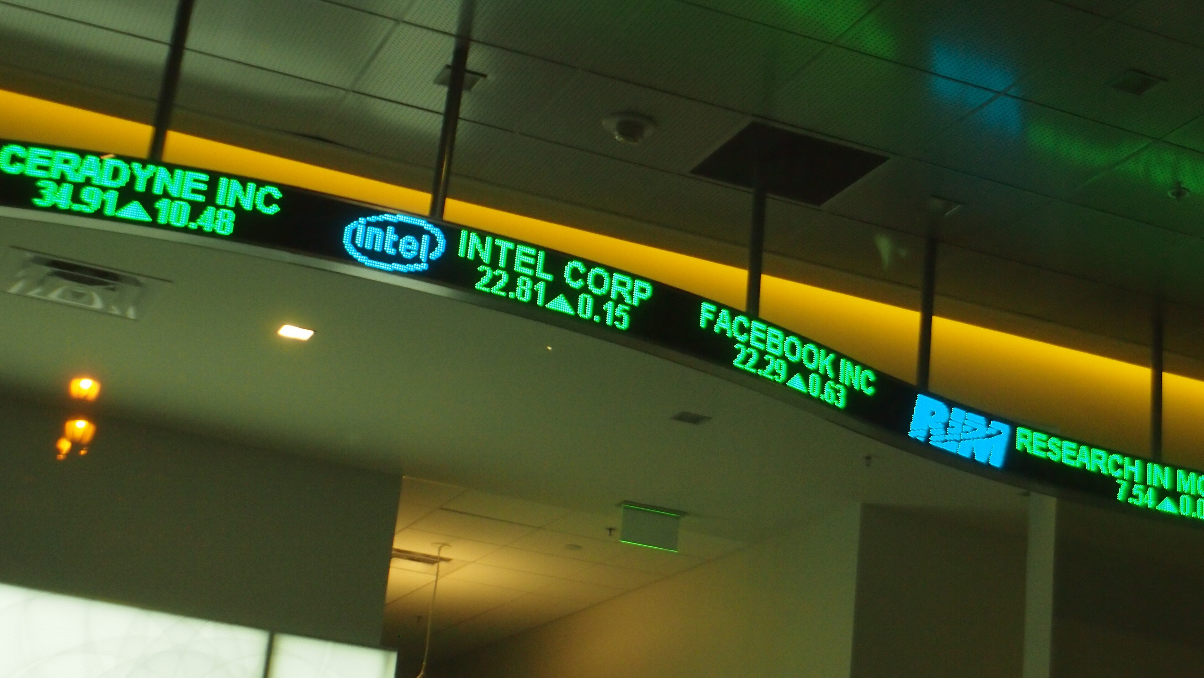 A stock ticker board showing share prices moving in real time