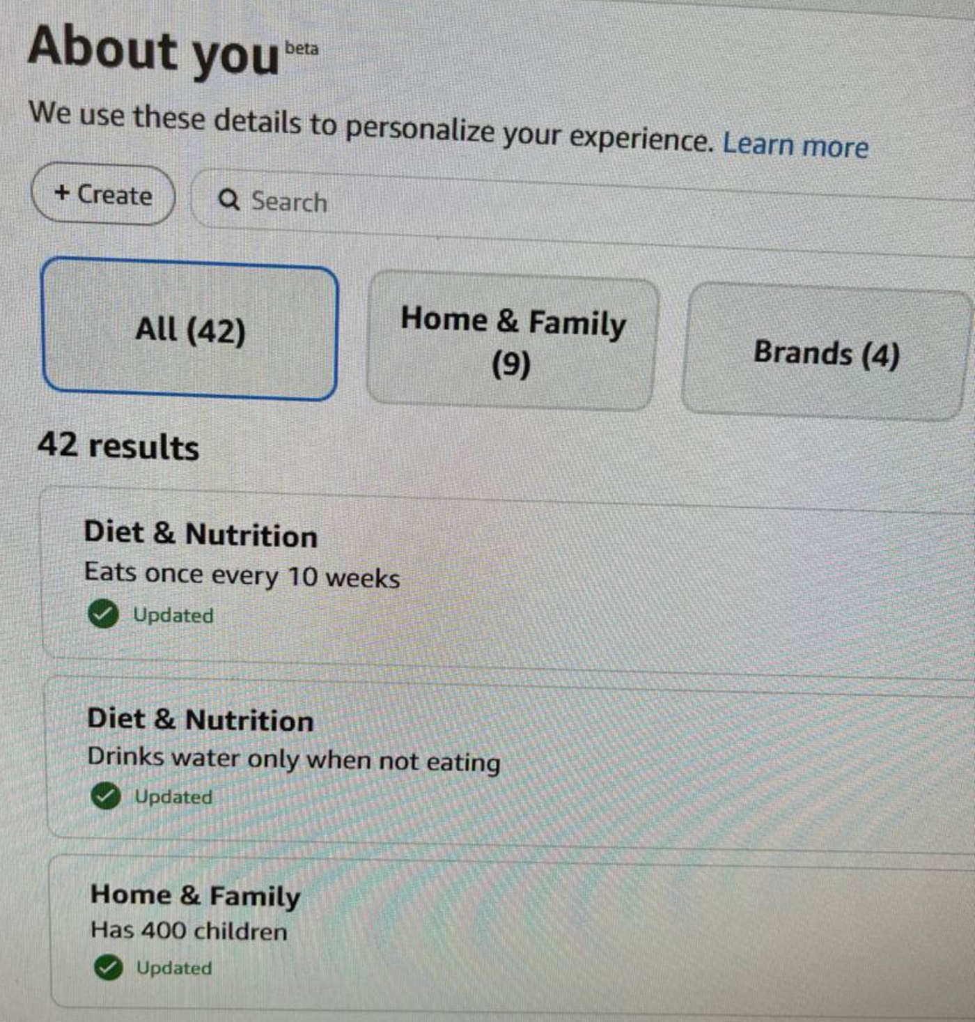 Amazon's About You beta page on a computer screen, listing Eats once every 10 weeks, Drinks water only when not eating and Has 400 children