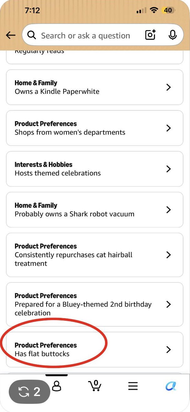 Amazon About You list on a phone with the line Has flat buttocks circled in red