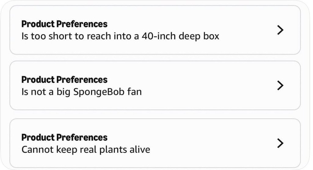 Three Amazon About You entries reading Is too short to reach into a 40-inch deep box, Is not a big SpongeBob fan and Cannot keep real plants alive