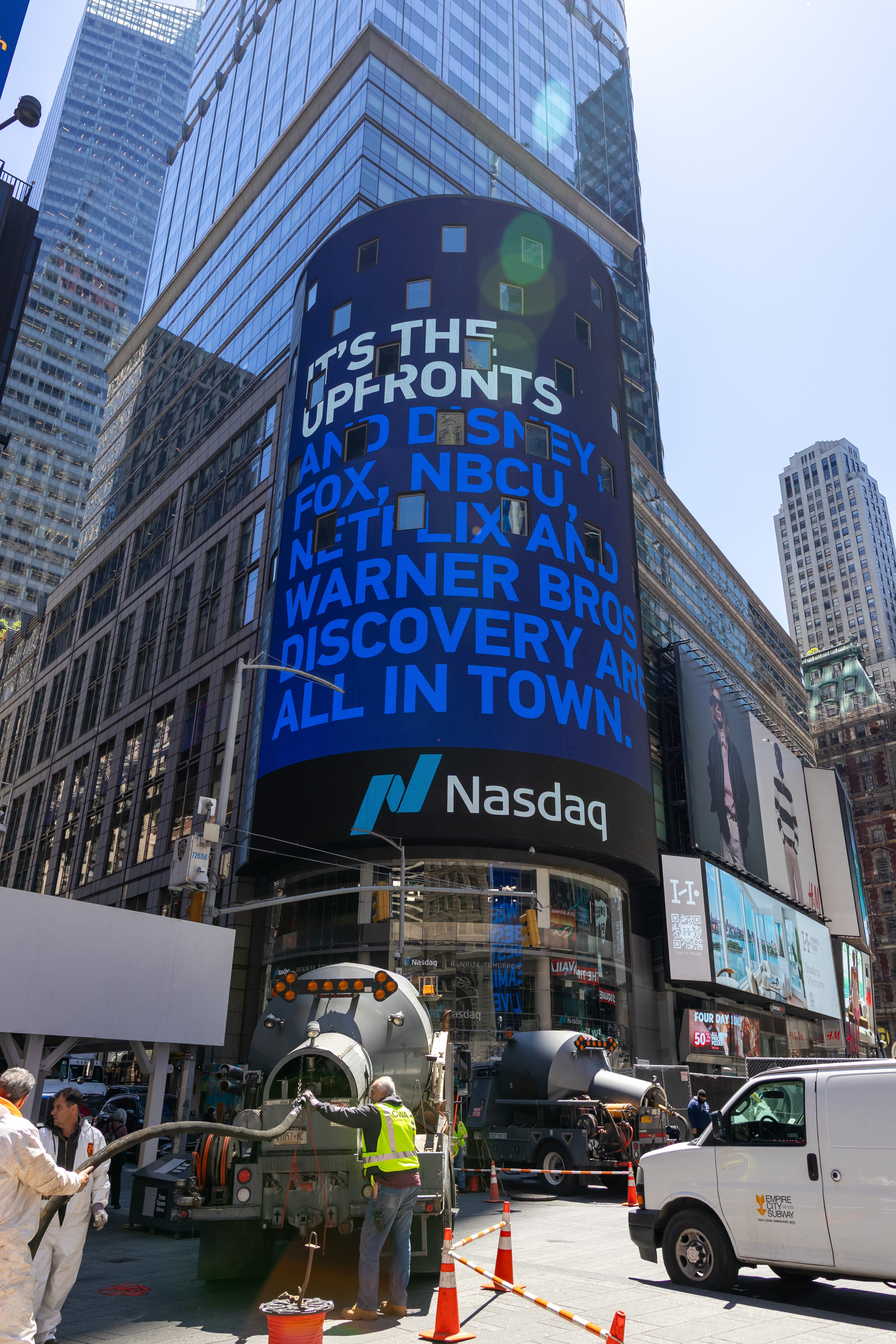 The Nasdaq building in New York's Times Square, where Anthropic plans to list its shares under the ticker ANT