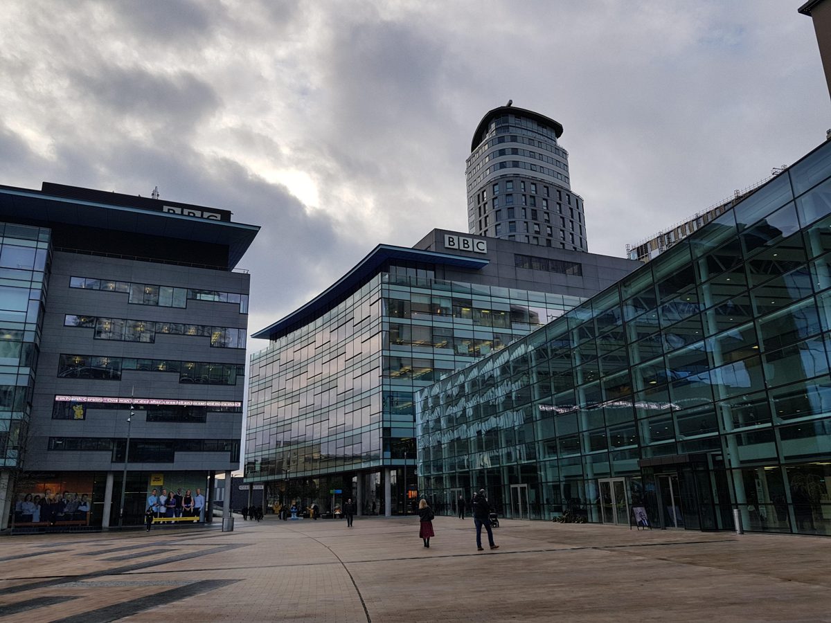 BBC buildings at MediaCityUK in Salford, glass offices with the BBC logo on top
