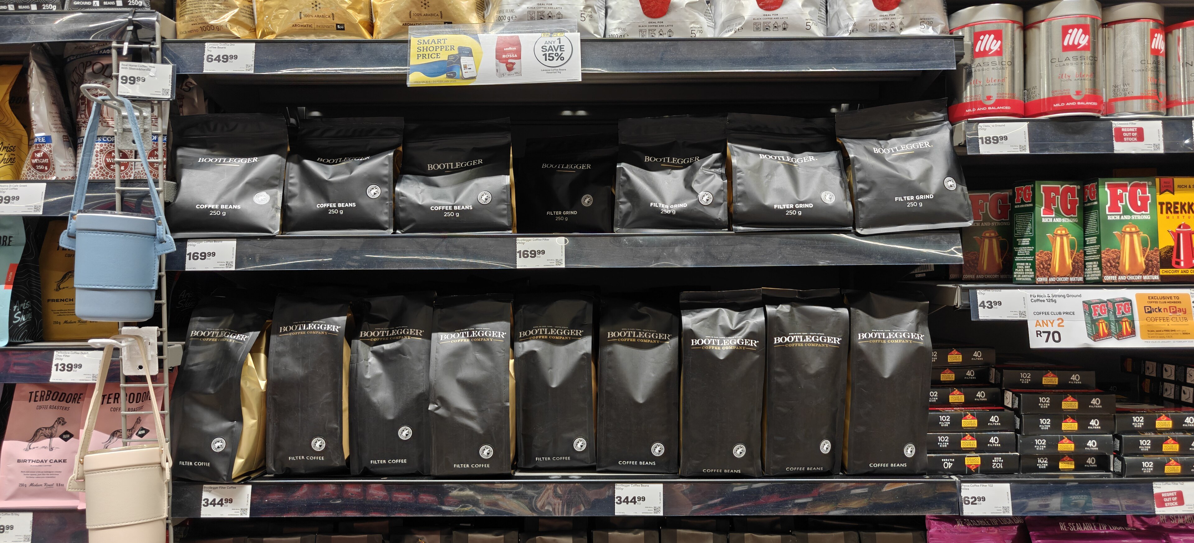 Bootlegger coffee beans and ground coffee on a supermarket shelf