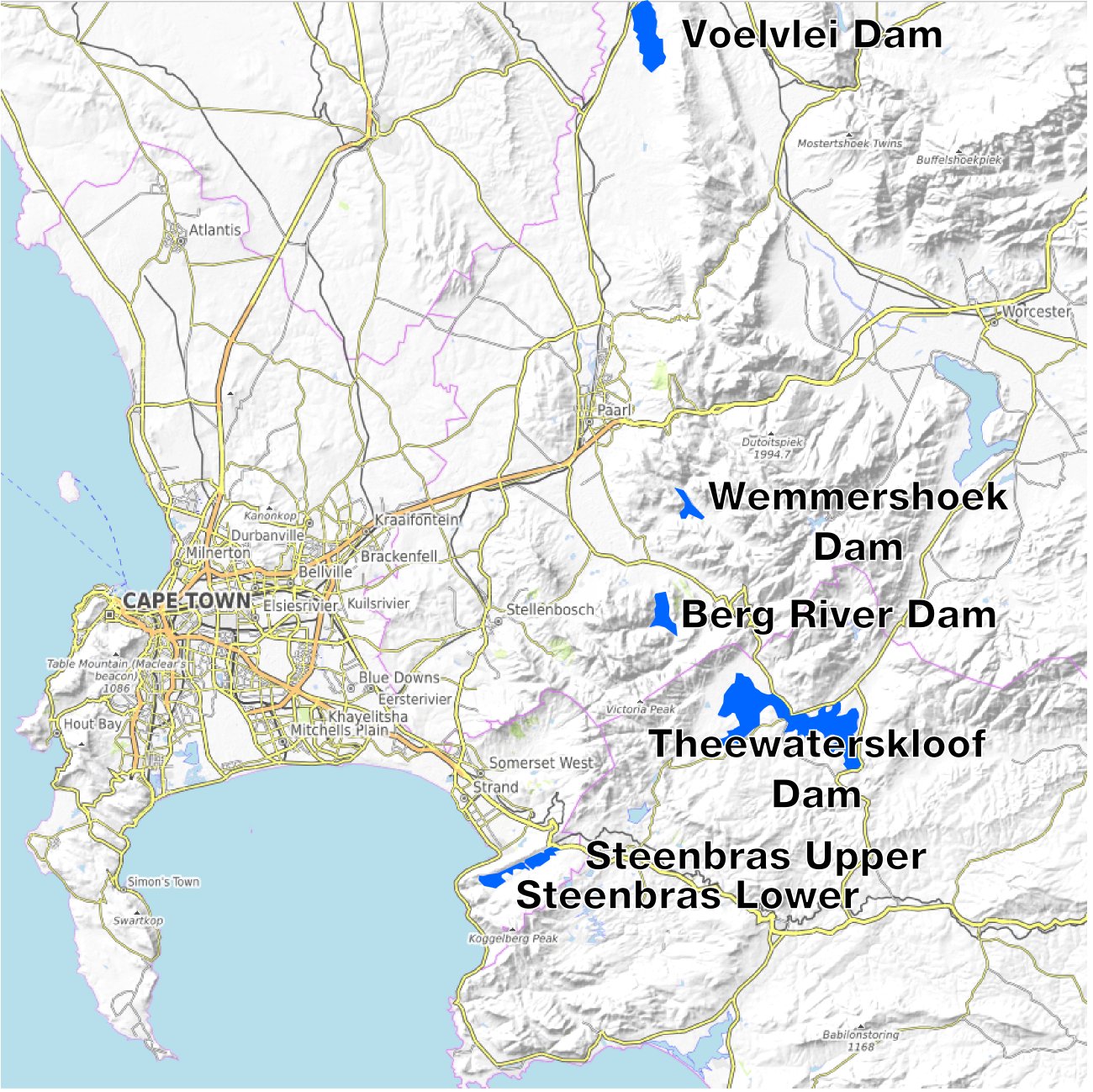 A map of the major dams in the Cape Town water system
