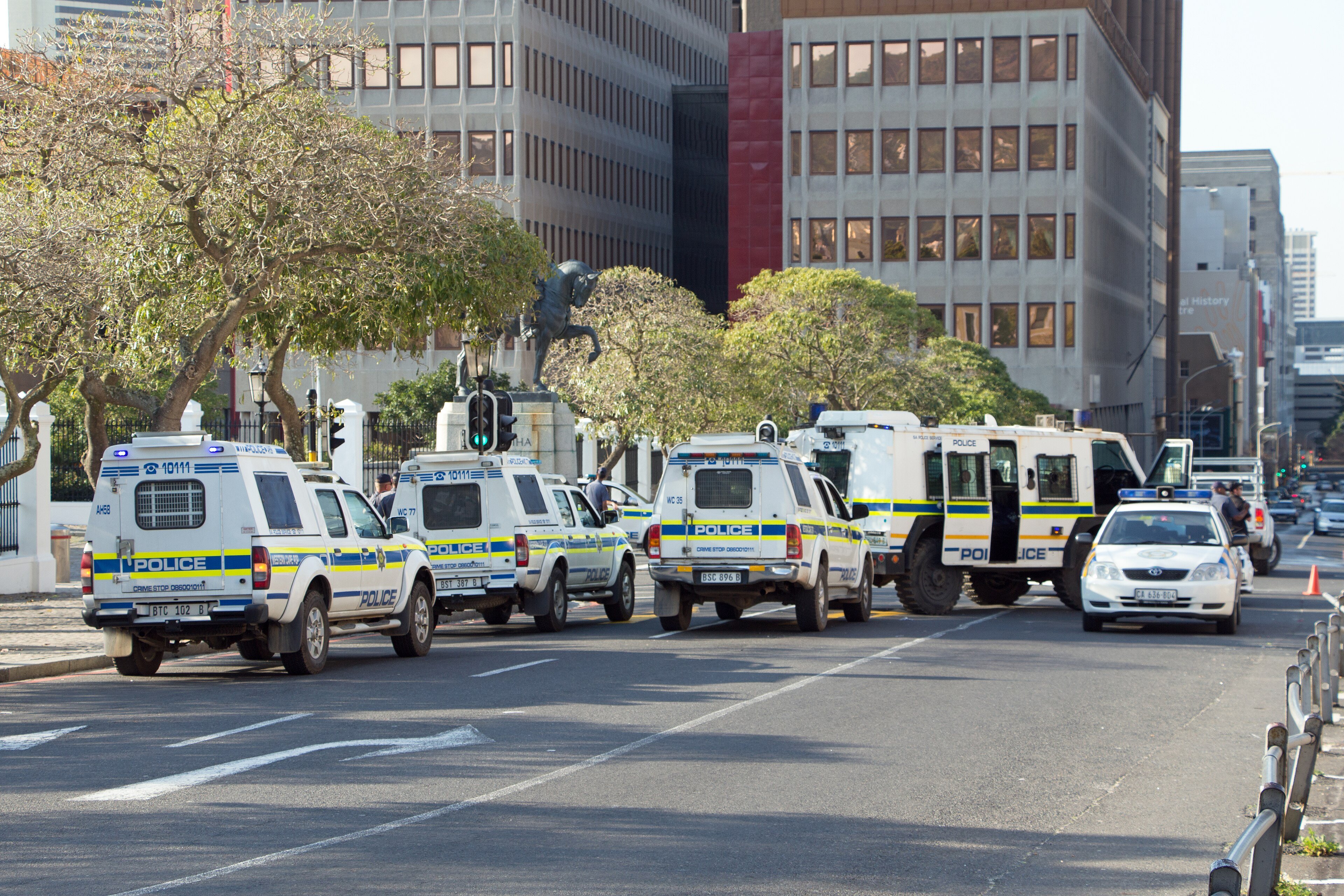 South African Police Service officers outside the Western Cape Parliament