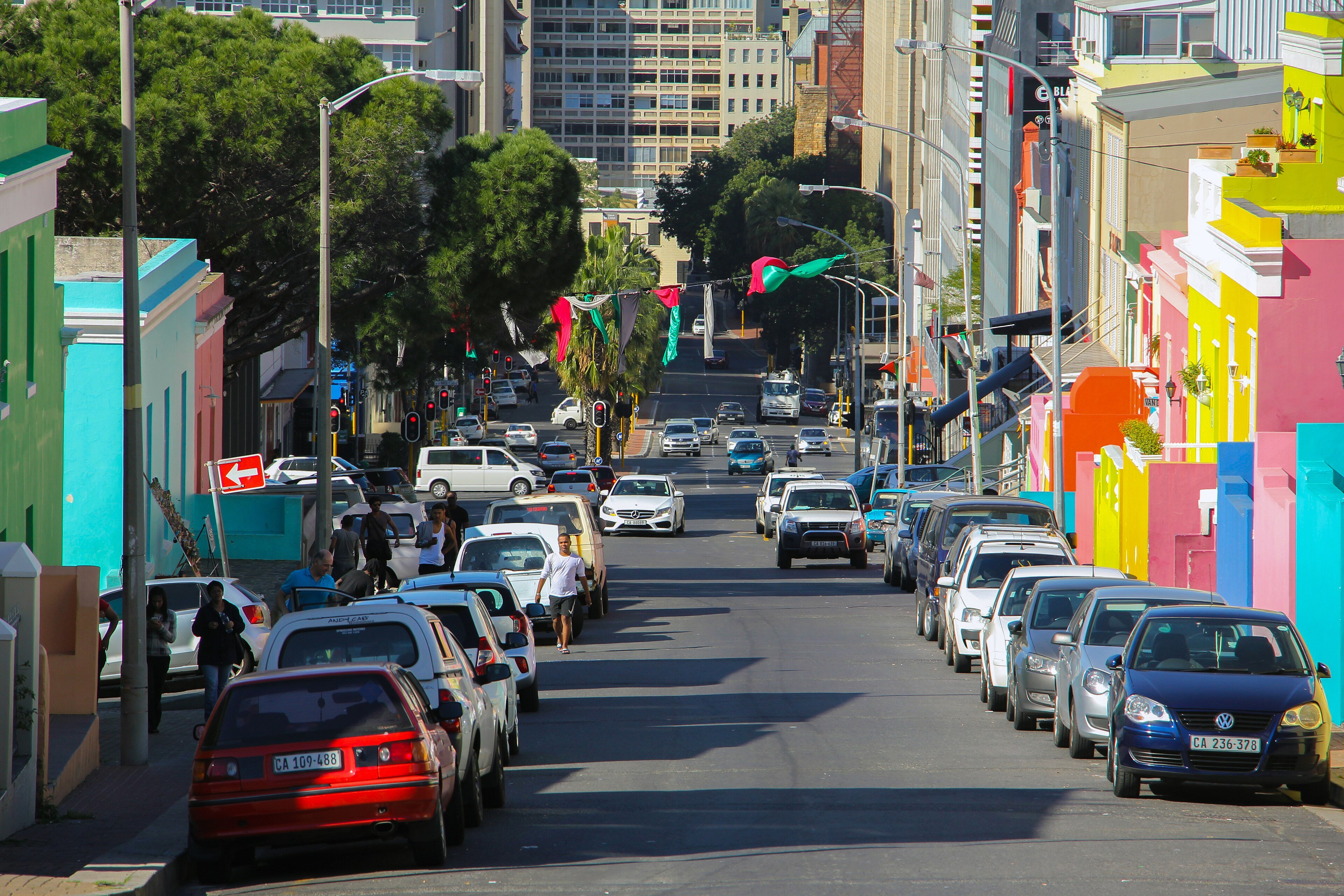 Wale Street in Bo-Kaap, Cape Town, with colourful houses and a hill behind