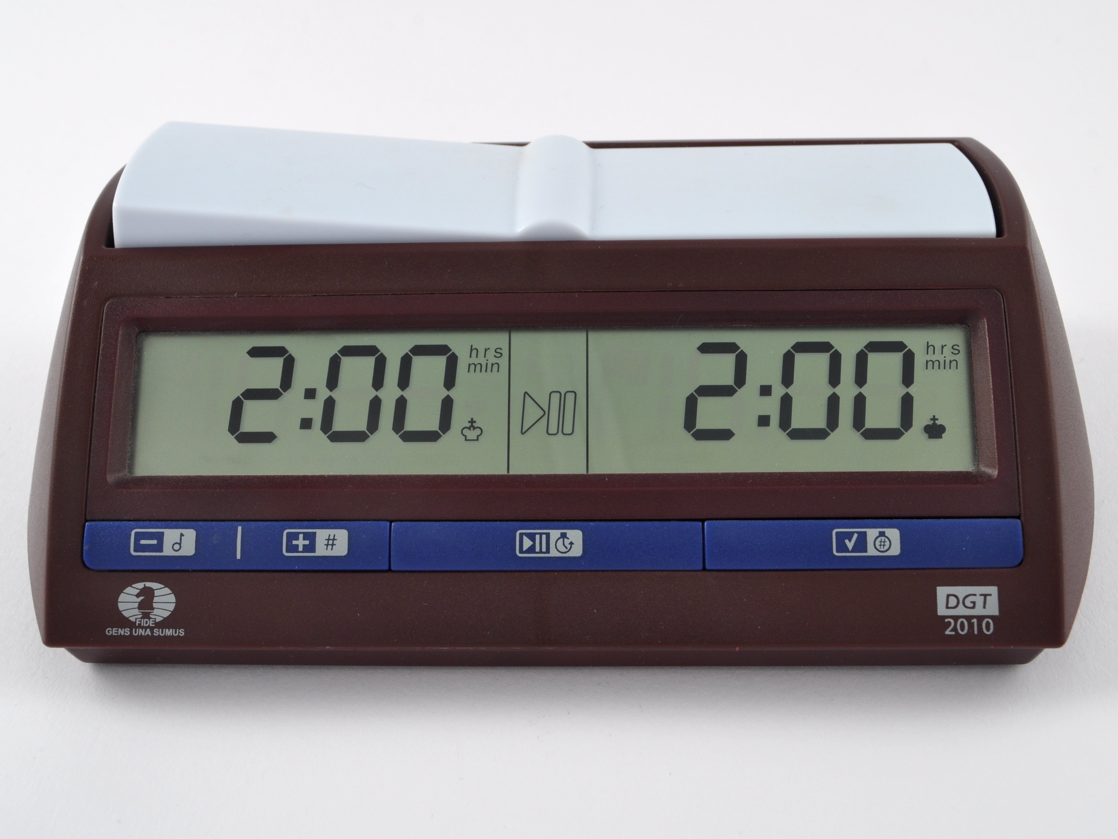 A digital chess clock of the kind that counts down both players' time
