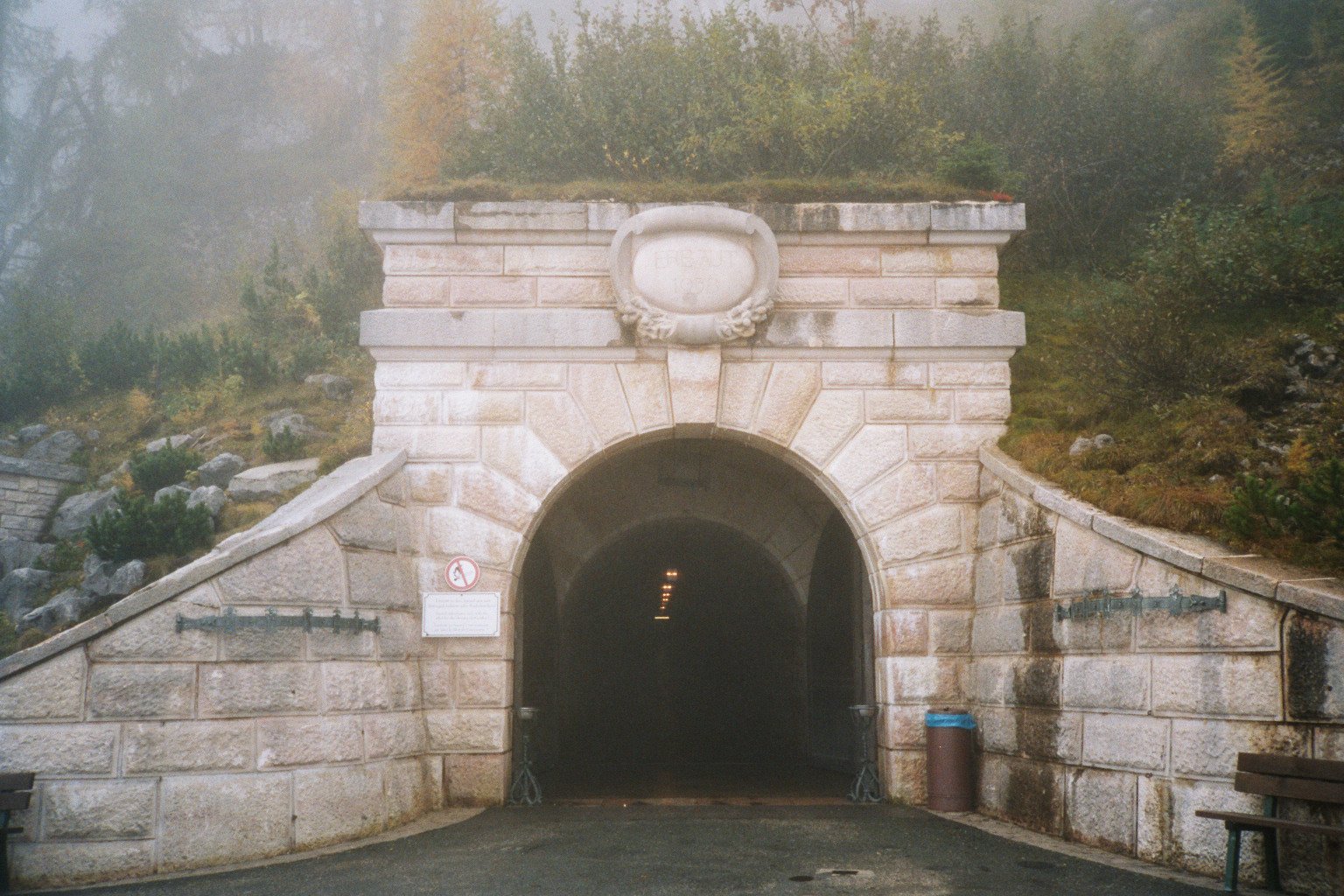 The tunnel entrance leading to the brass lift that climbs the final 124 metres inside the mountain