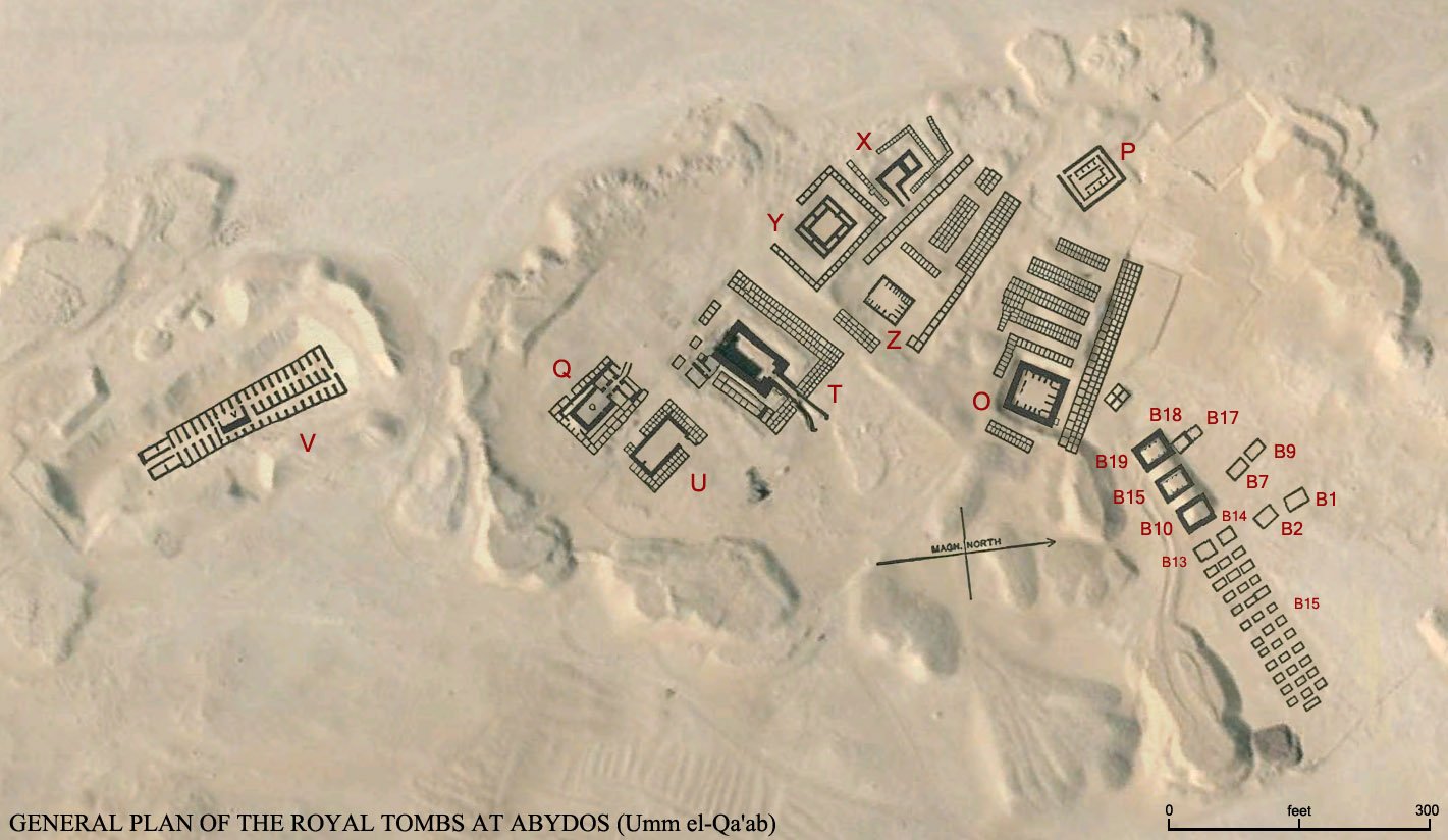 Satellite map of the Umm el-Qaab royal cemetery at Abydos, Egypt, with the tombs of early kings marked