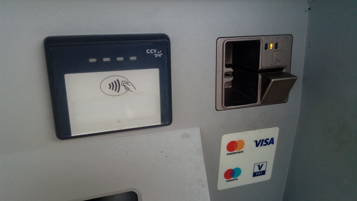 A bank card terminal with a tap reader and a chip slot
