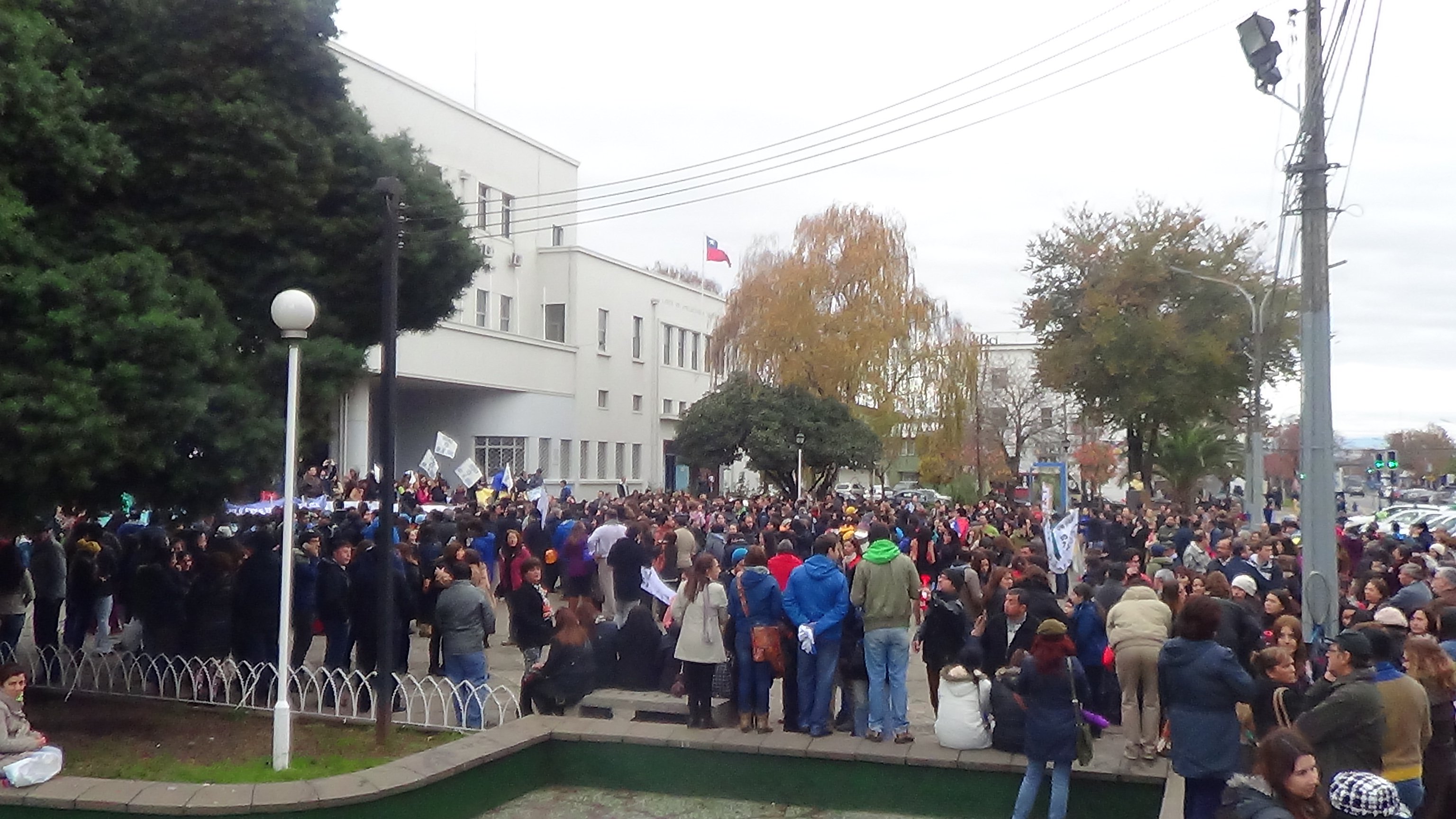 Students gather outside a public building in Chillán, Chile, during a student protest