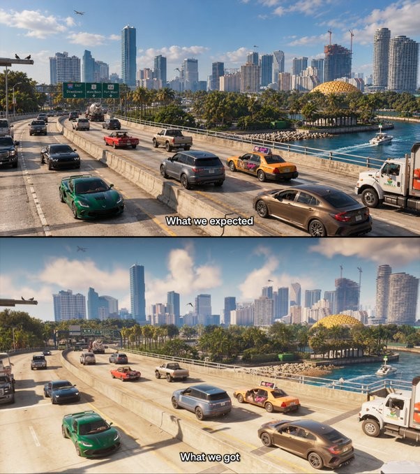 Two versions of the same GTA 6 Vice City highway shot, a glossy edited one labelled what we expected above the flatter official one labelled what we got