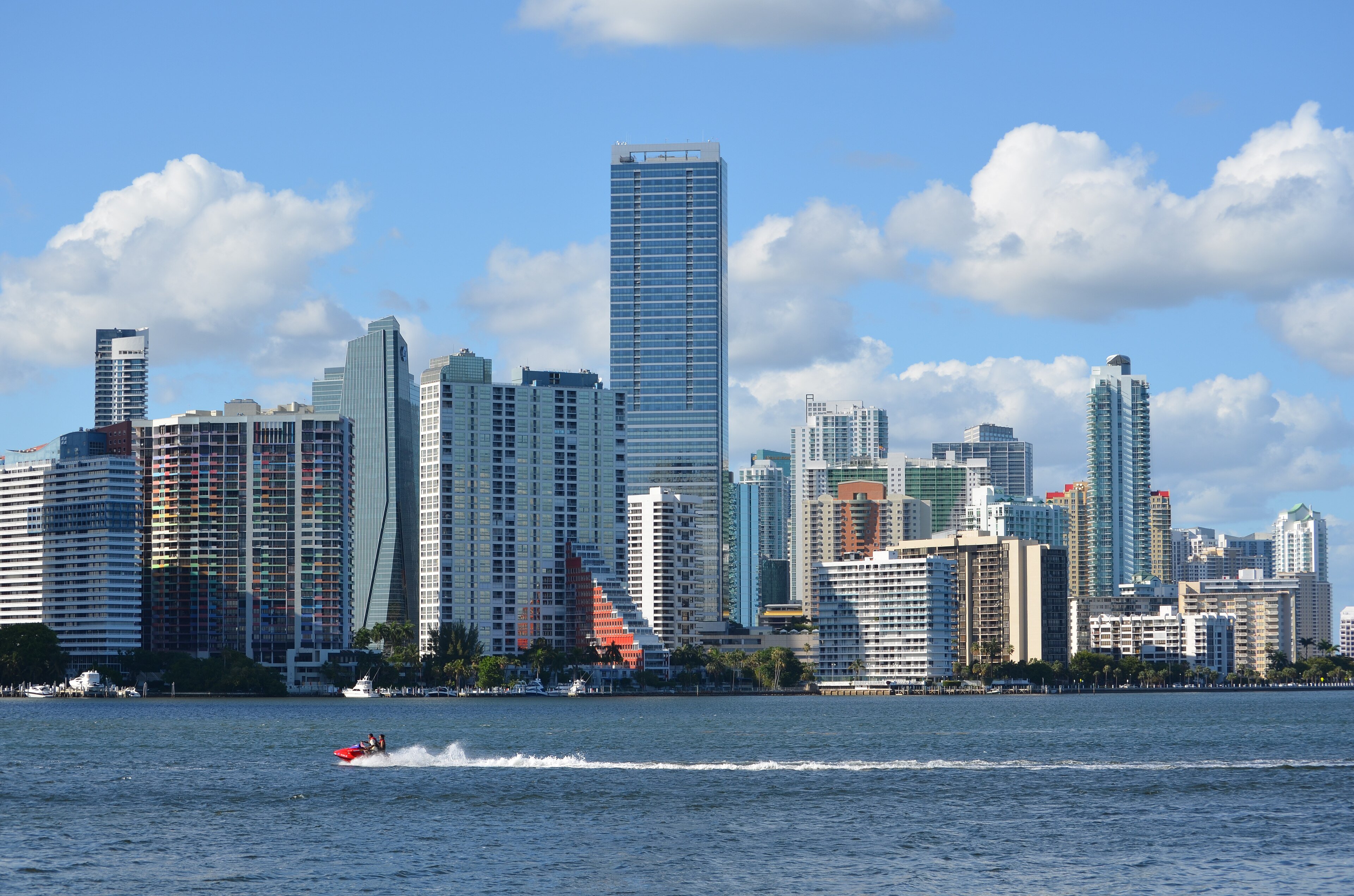 The real Brickell skyline in Miami seen across the water from the Rickenbacker Causeway