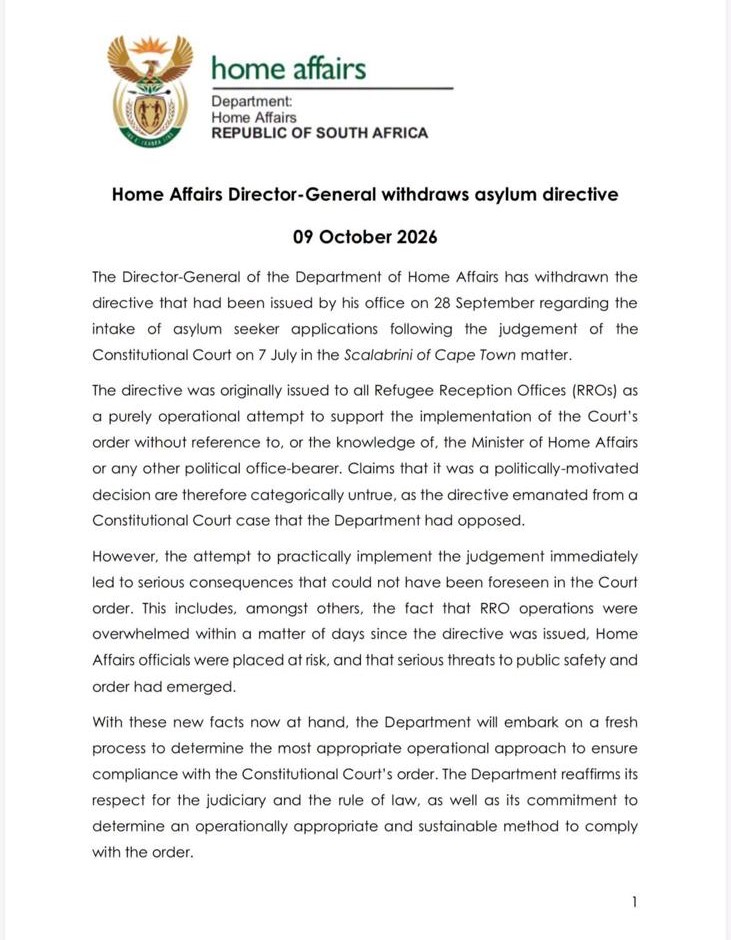 The Home Affairs statement withdrawing the asylum directive