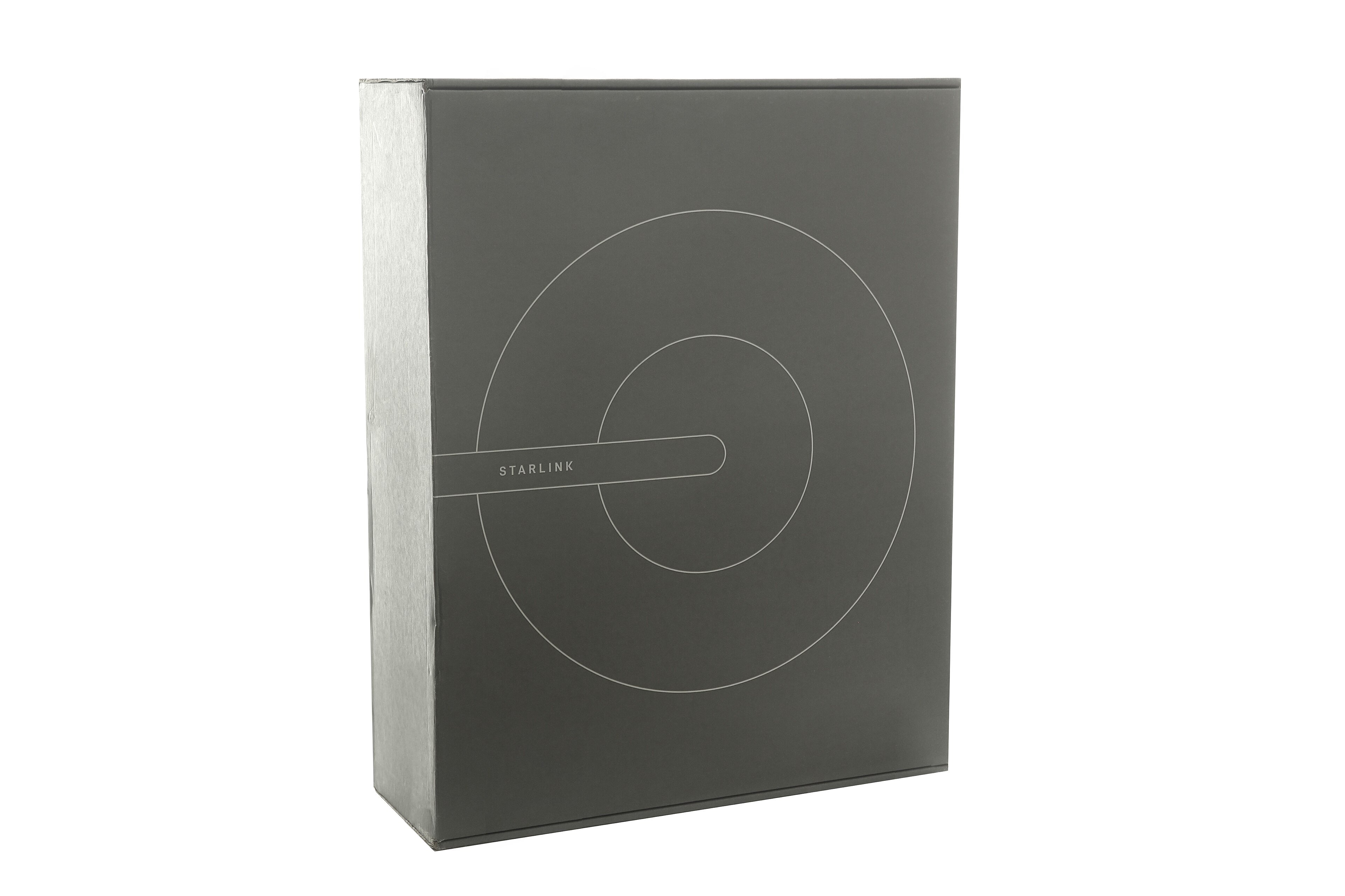 A grey Starlink box holding the dish kit you pay for before your first monthly bill