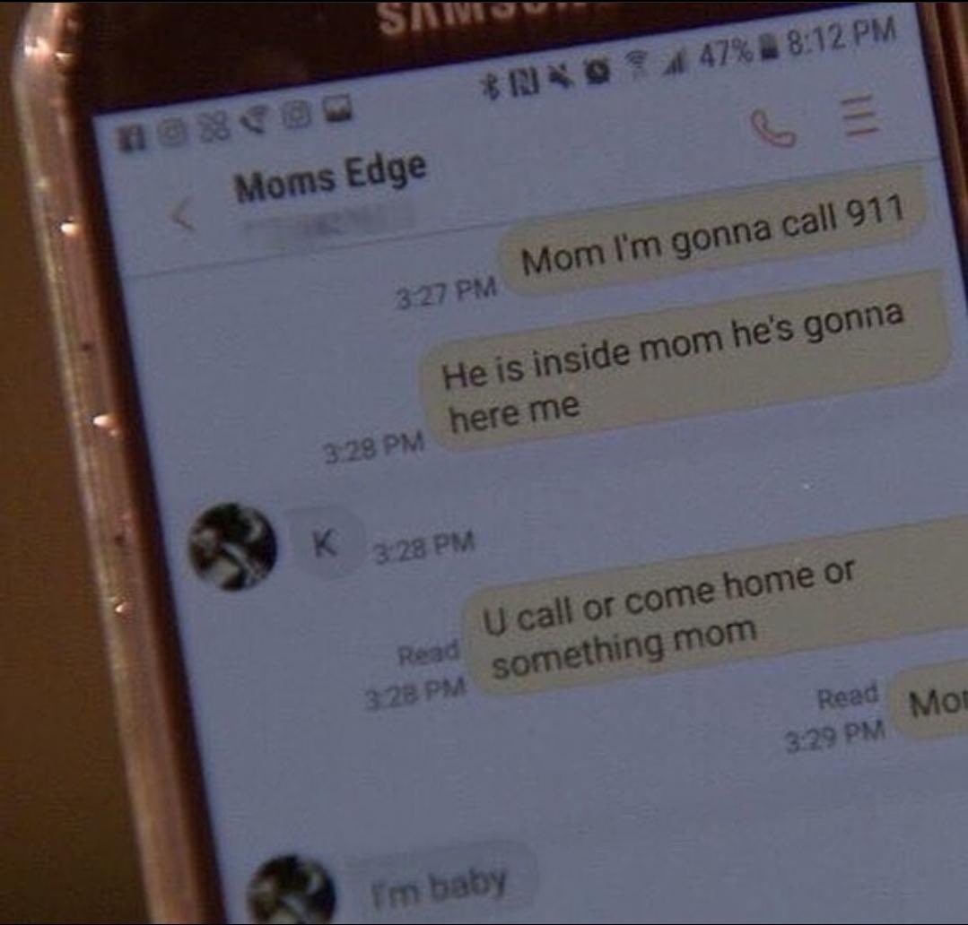 A phone screen showing a 2017 text thread between a teen and her mom, ending with the reply I'm baby