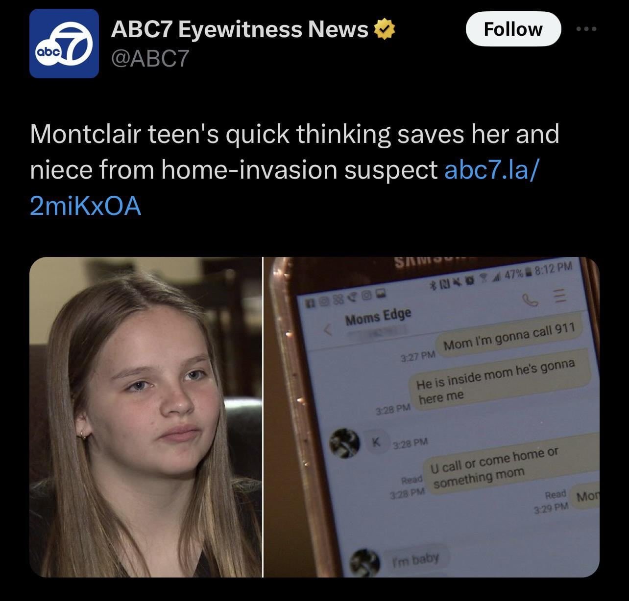 ABC7's 2017 post showing the teen and the text thread with her mom