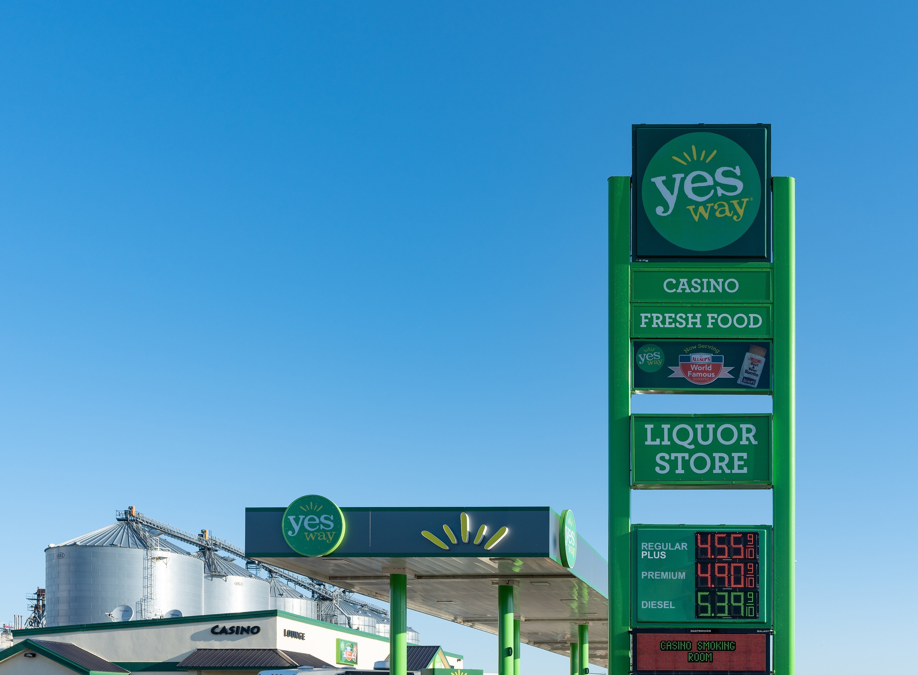 A roadside gas price sign at a Yes Way station in Fort Pierre, South Dakota