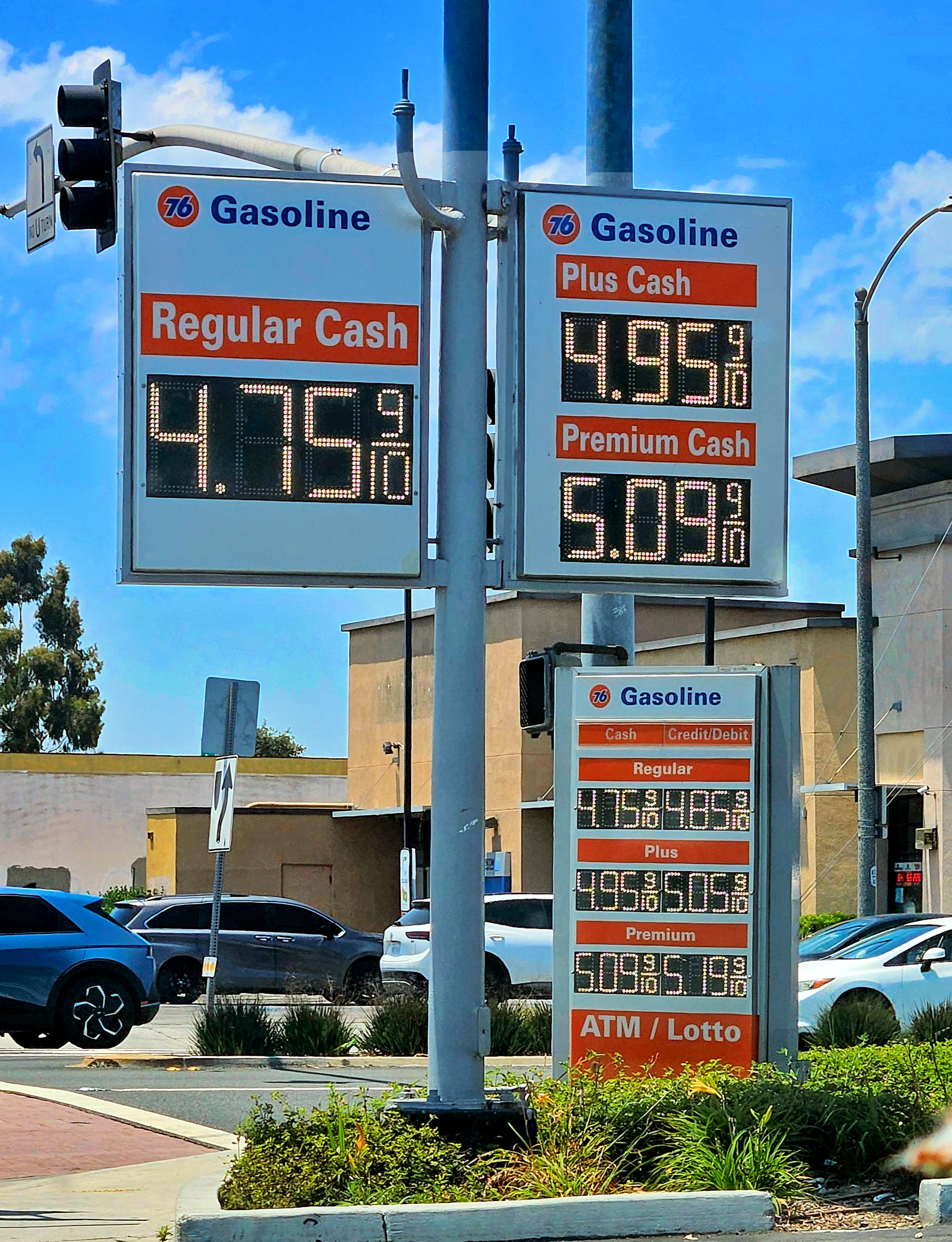 A digital gas price sign at a Union 76 station in California