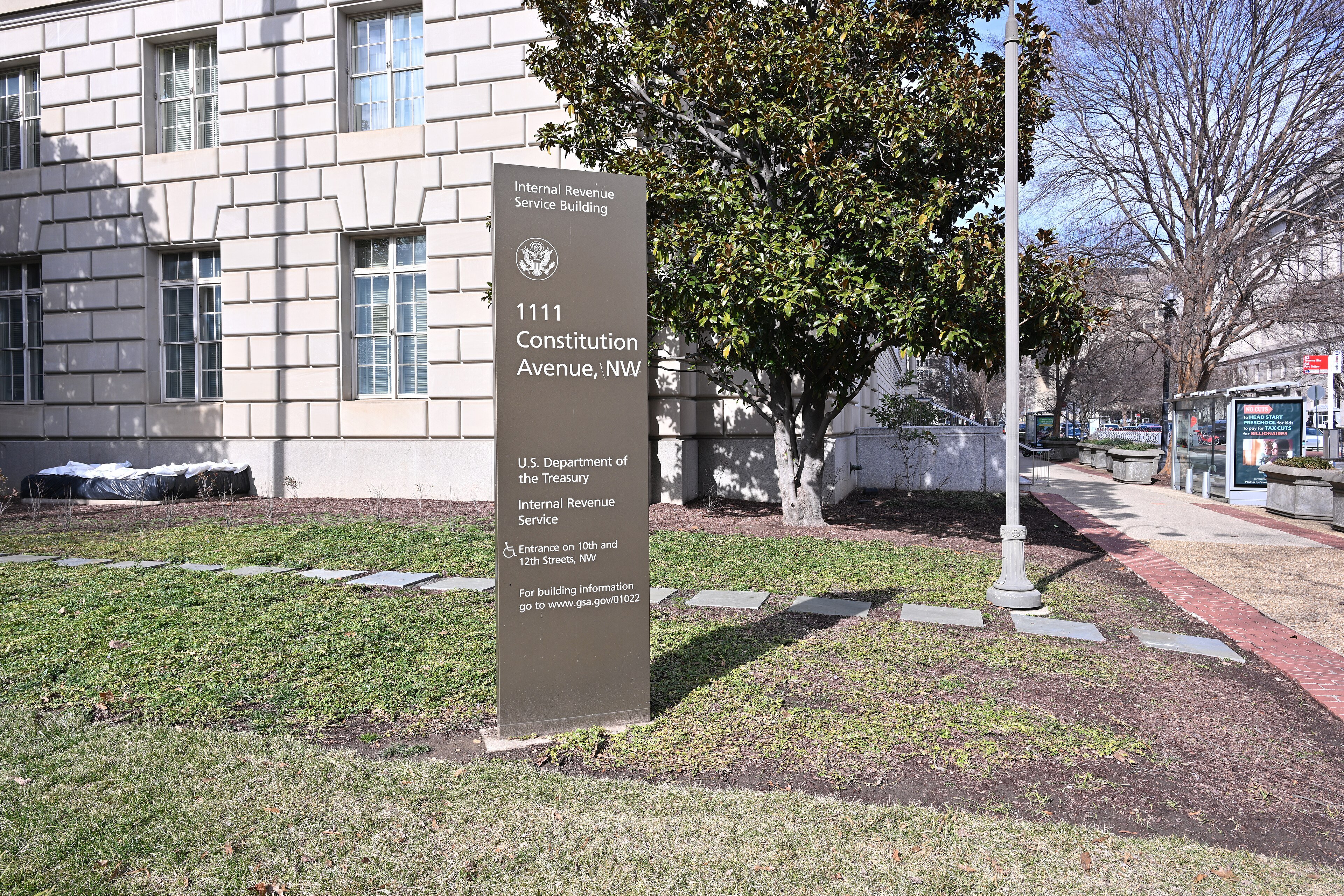 Sign outside the IRS building at 1111 Constitution Avenue in Washington