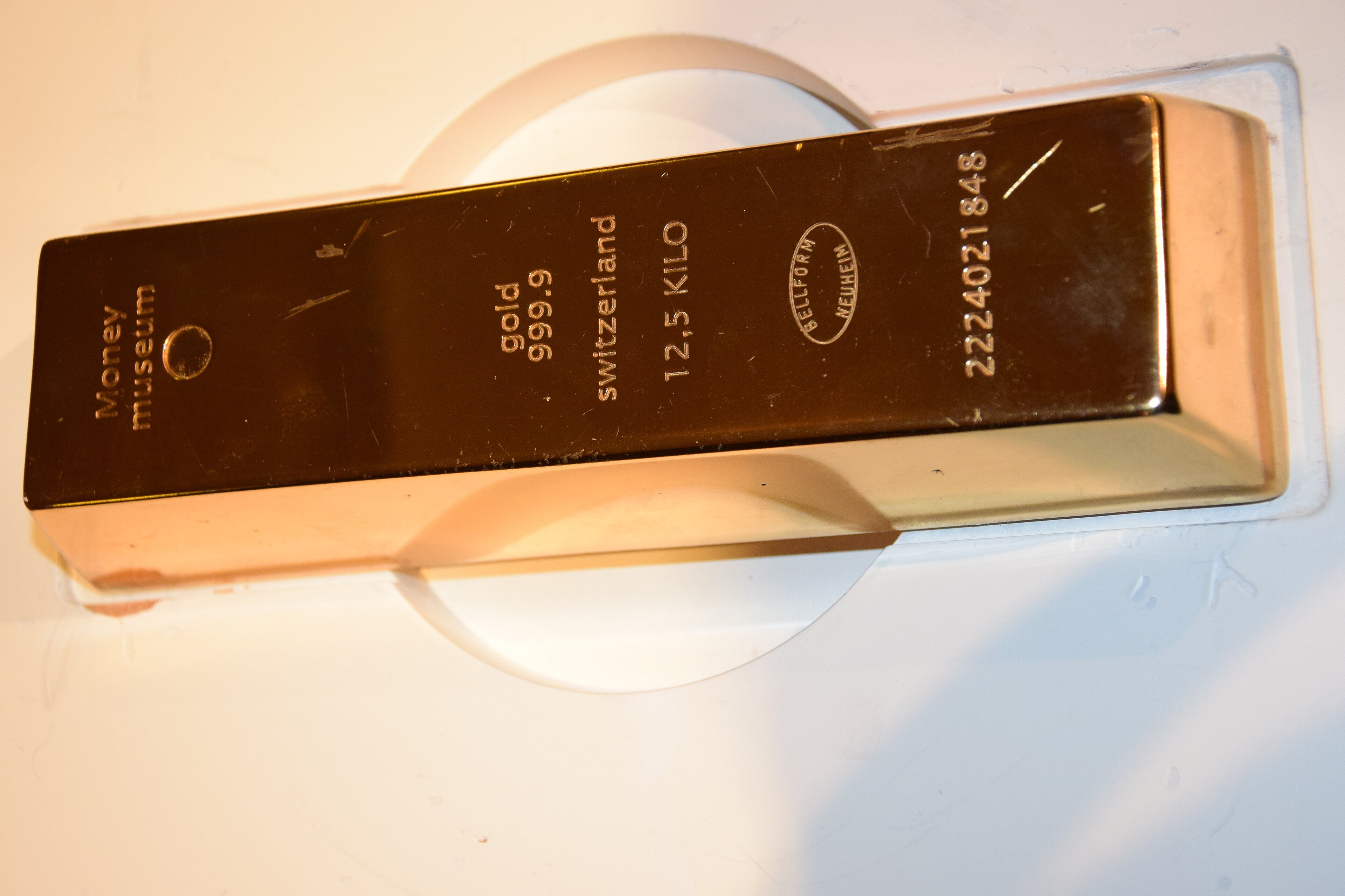 A gold bullion bar on display at the Swiss Money Museum in Zurich