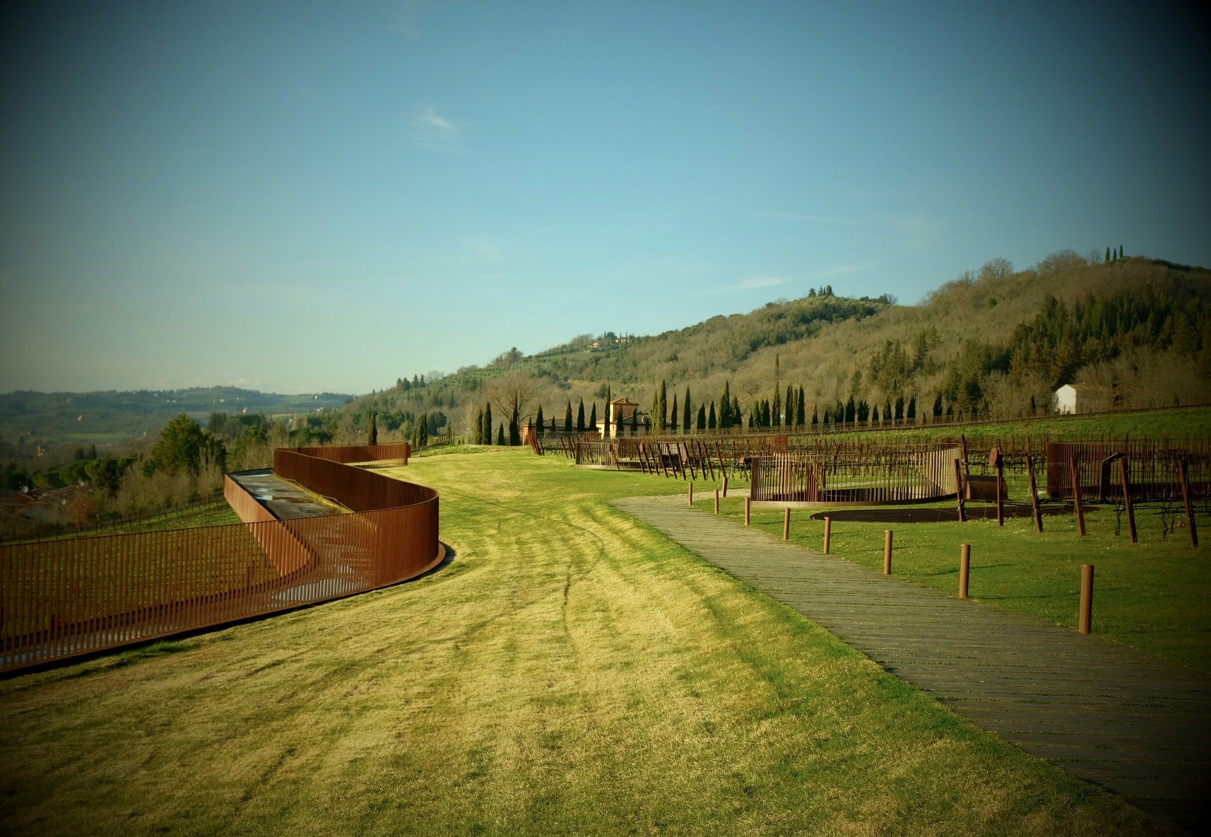 A Tuscan winery estate among vineyards, photographed for the Marchesi Antinori name