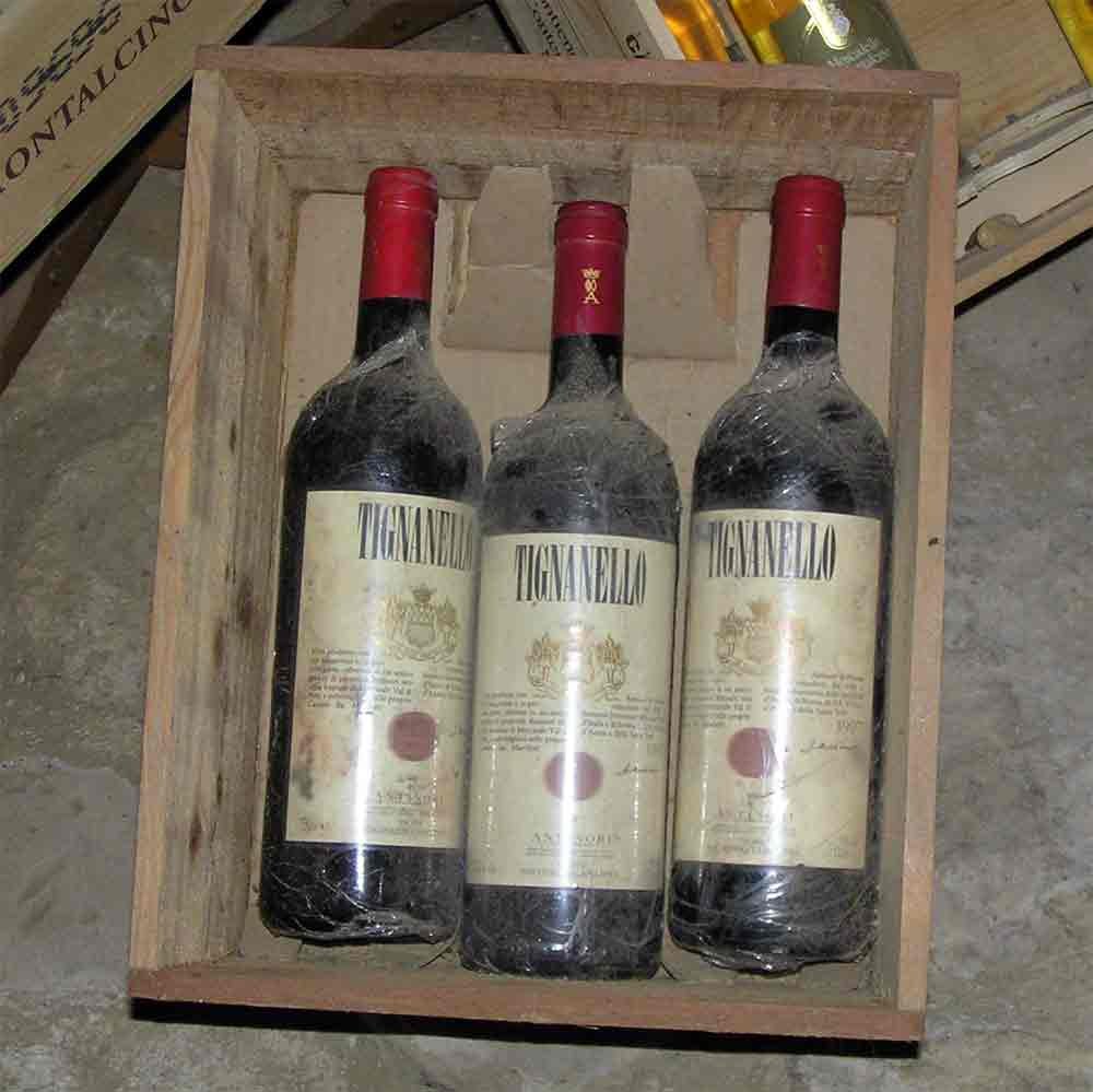 A wooden case holding bottles of Tignanello, one of the three wines named in the theft