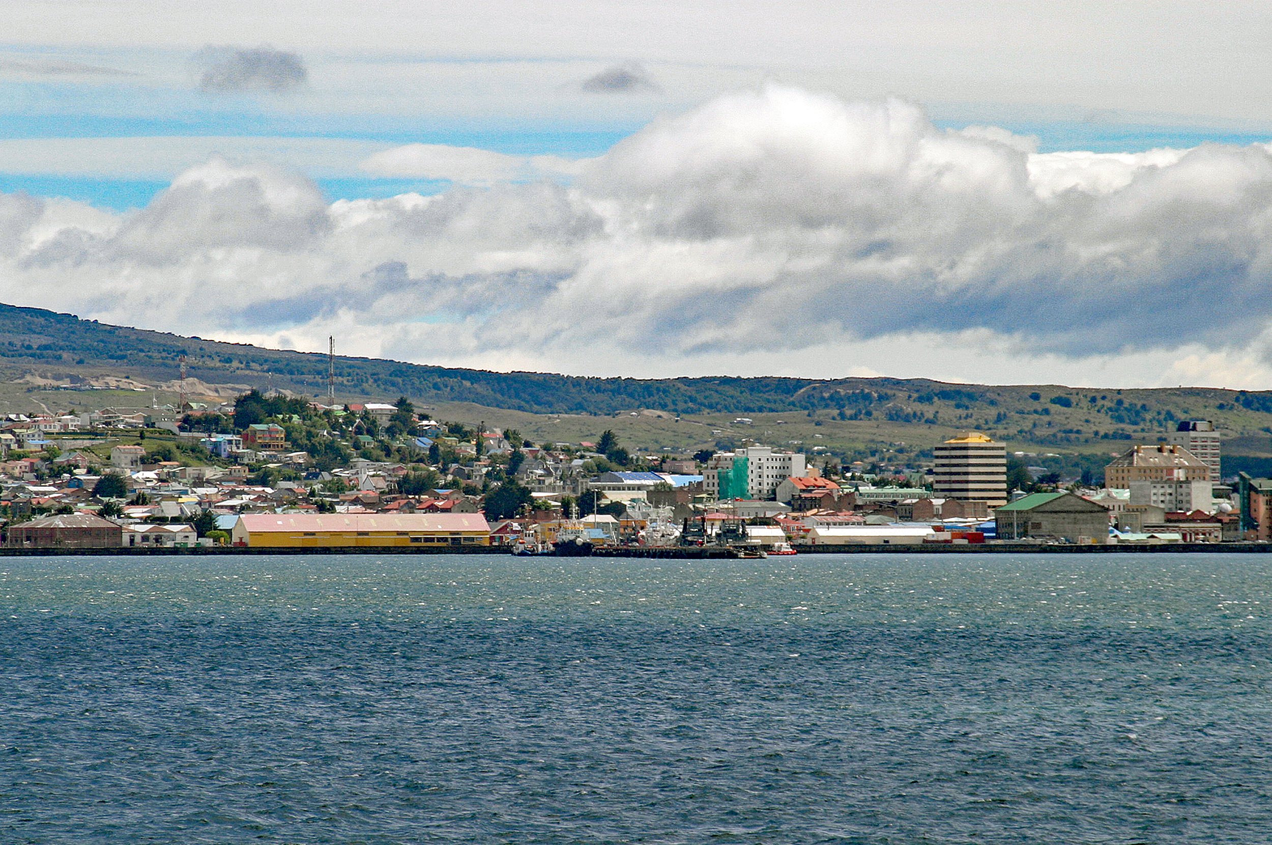 Punta Arenas in southern Chile, the city rooftops running down to the Strait of Magellan, where Karl Bushby started walking in 1998