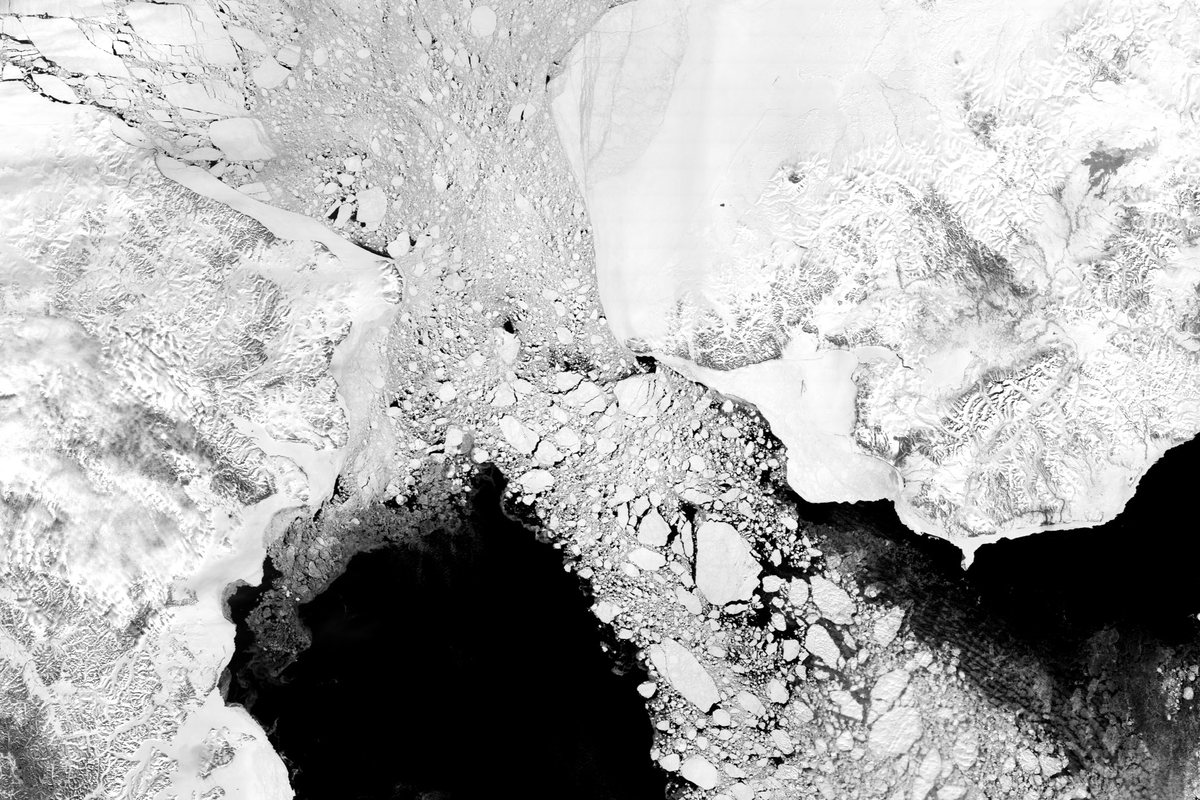Sea ice broken into floes across the Bering Strait between Alaska and Russia, seen from space