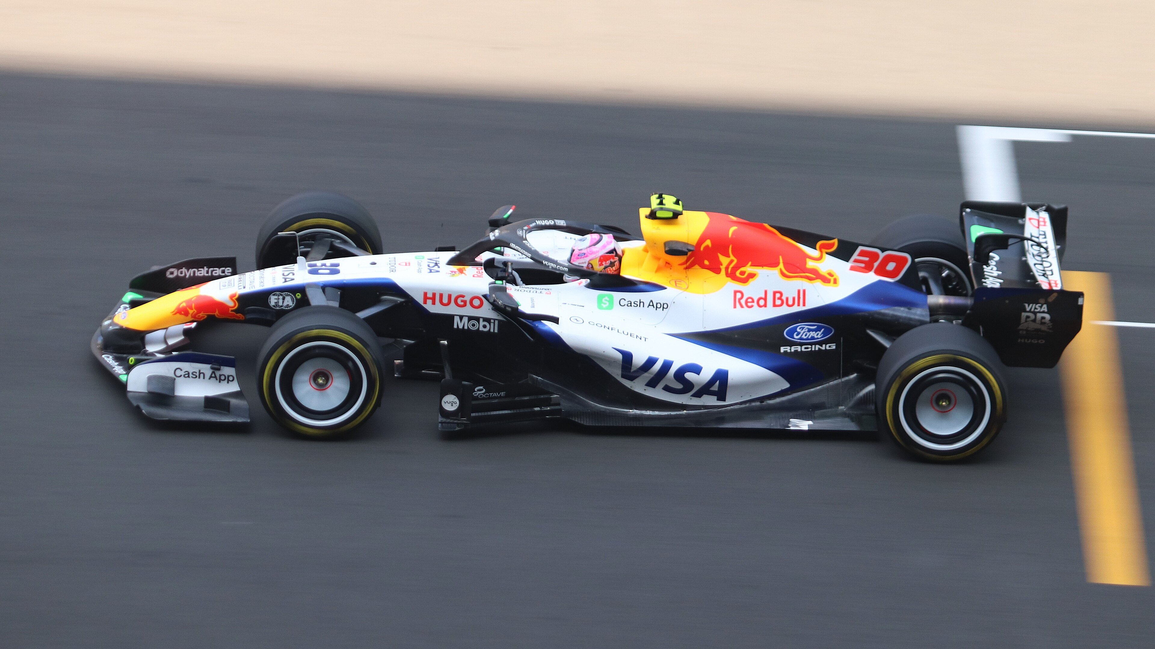 A Racing Bulls Formula 1 car driven by Liam Lawson on track during practice at the 2026 Chinese Grand Prix