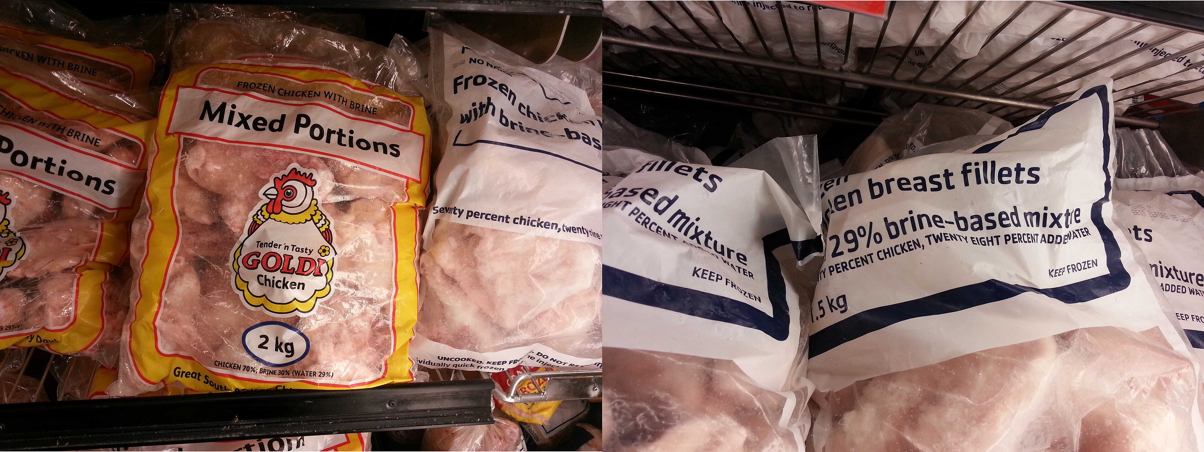 Frozen chicken pieces in a South African supermarket freezer