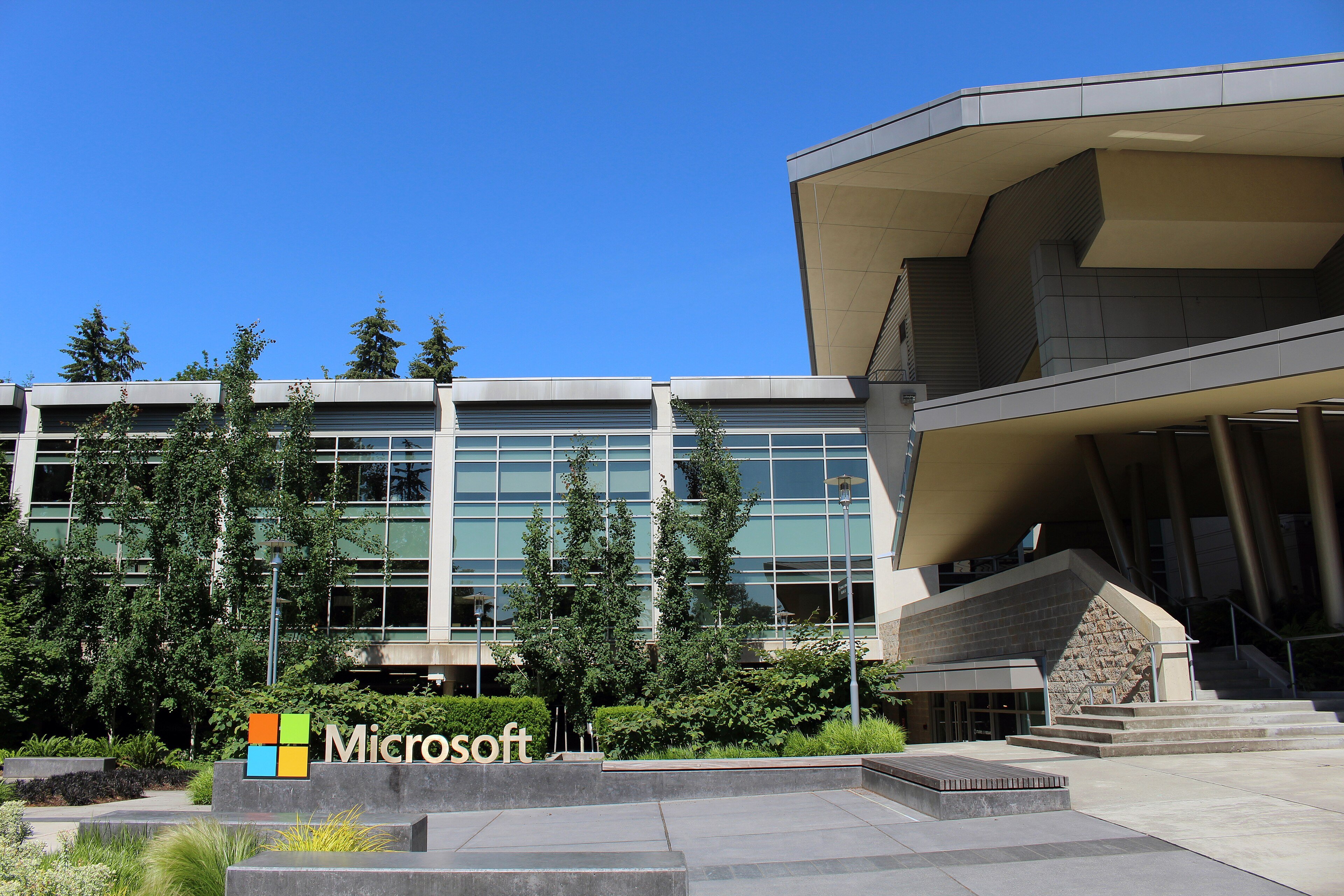 Building 92, the glass and stone visitor centre at Microsoft headquarters in Redmond, Washington