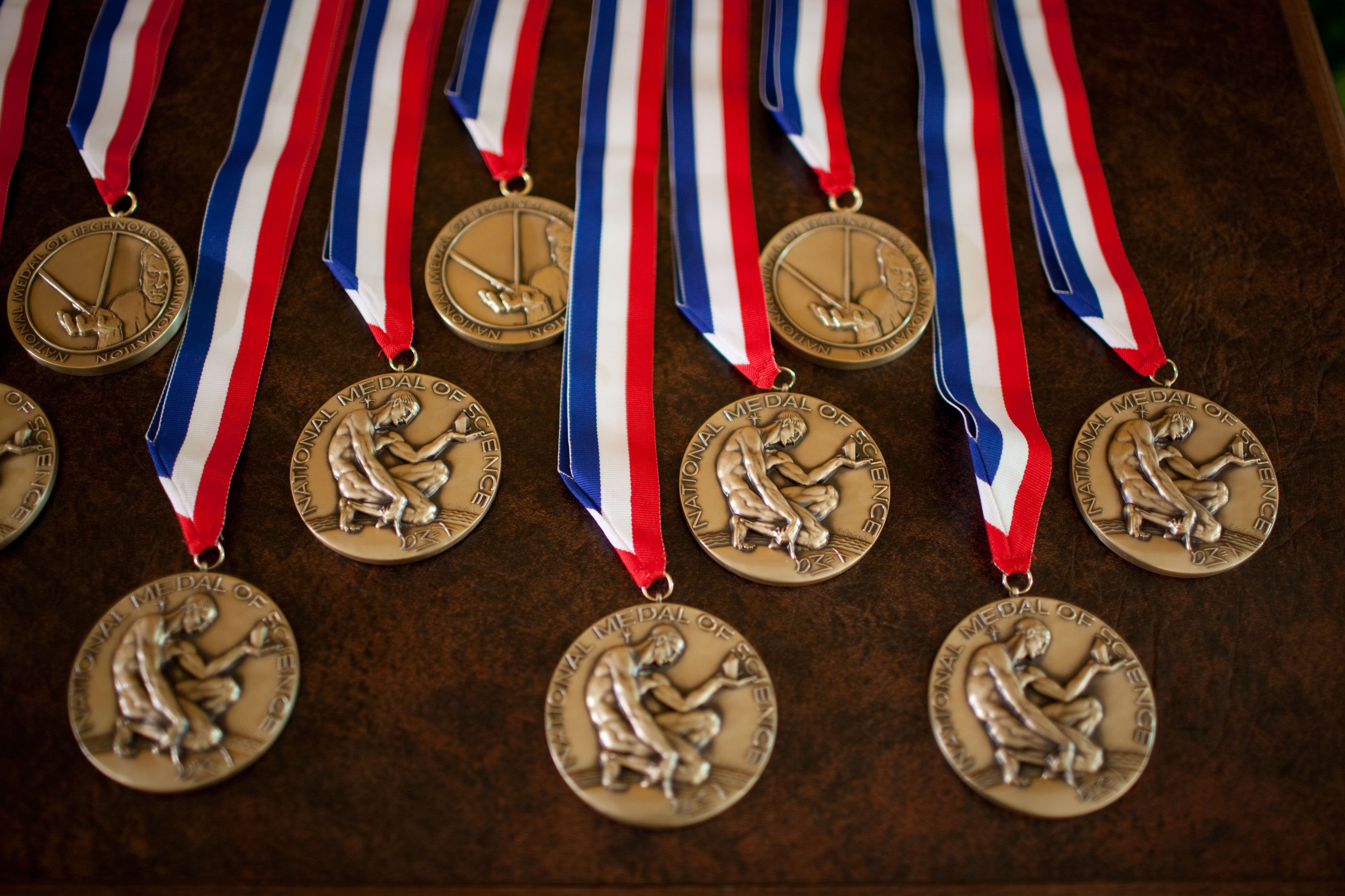 Rows of National Medals of Science and National Medals of Technology and Innovation laid out before a White House ceremony