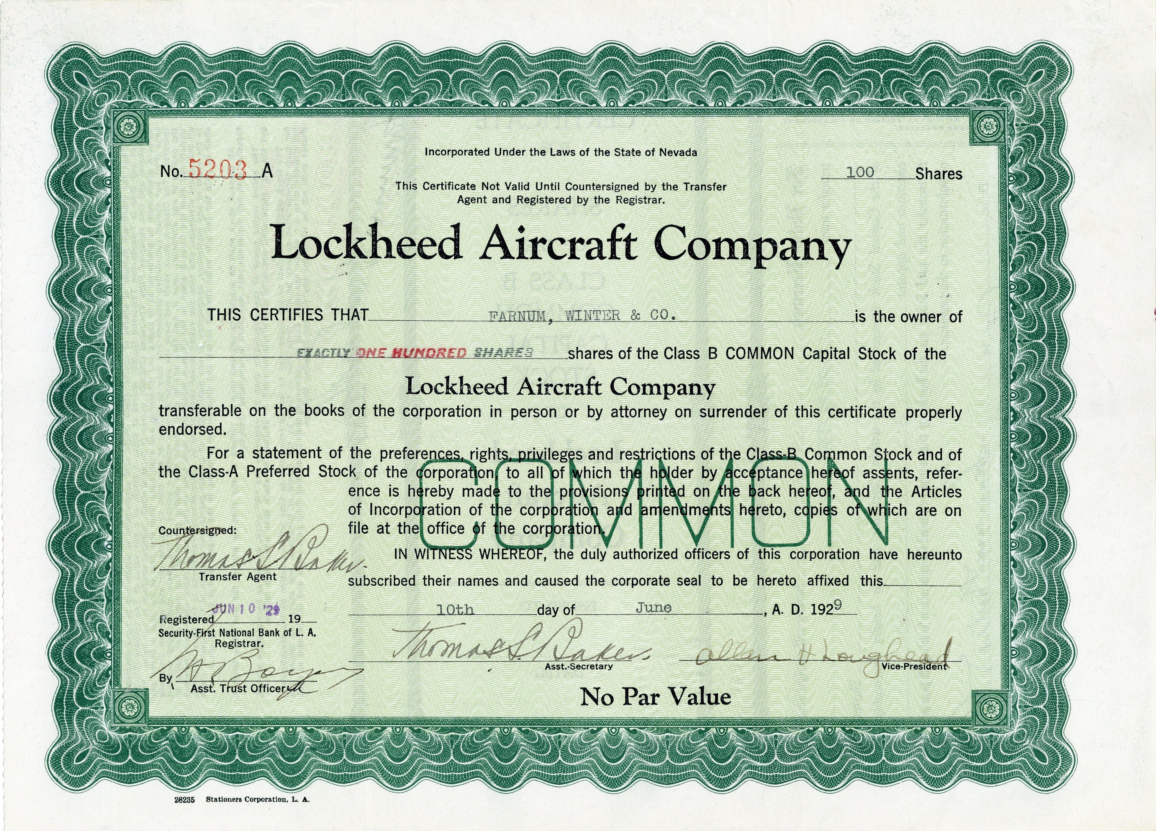 An old aerospace company stock certificate from 1929
