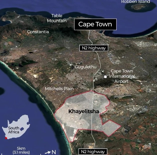 Satellite map showing Khayelitsha outlined in red beside the N2 highway, between Cape Town International Airport and the coast. Map via X