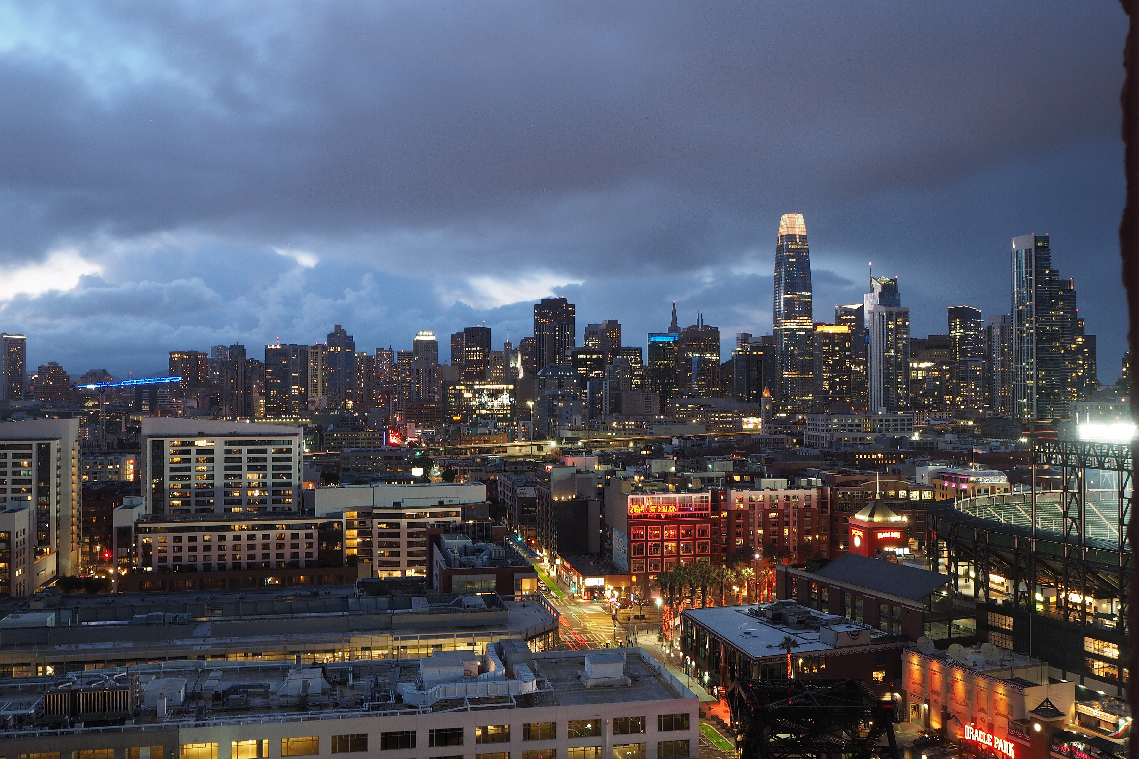 The San Francisco skyline seen from Mission Bay at sunset