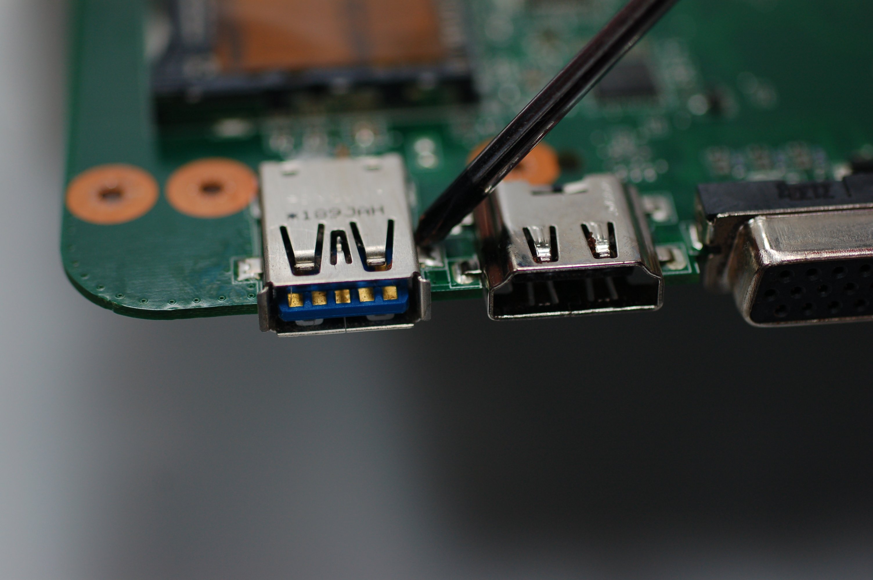 A USB port on a circuit board