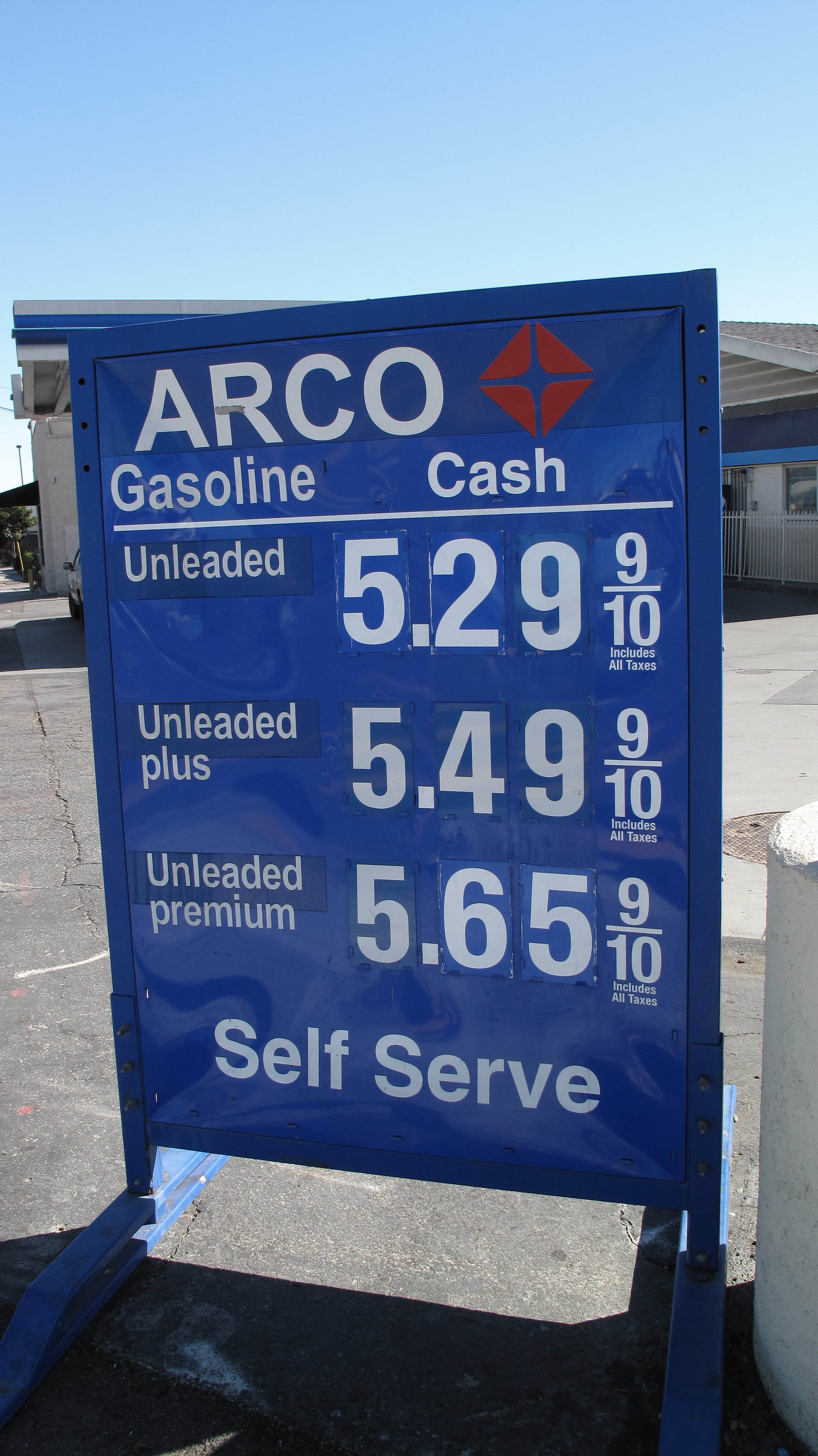 An Arco petrol station price sign in Los Angeles showing prices per gallon