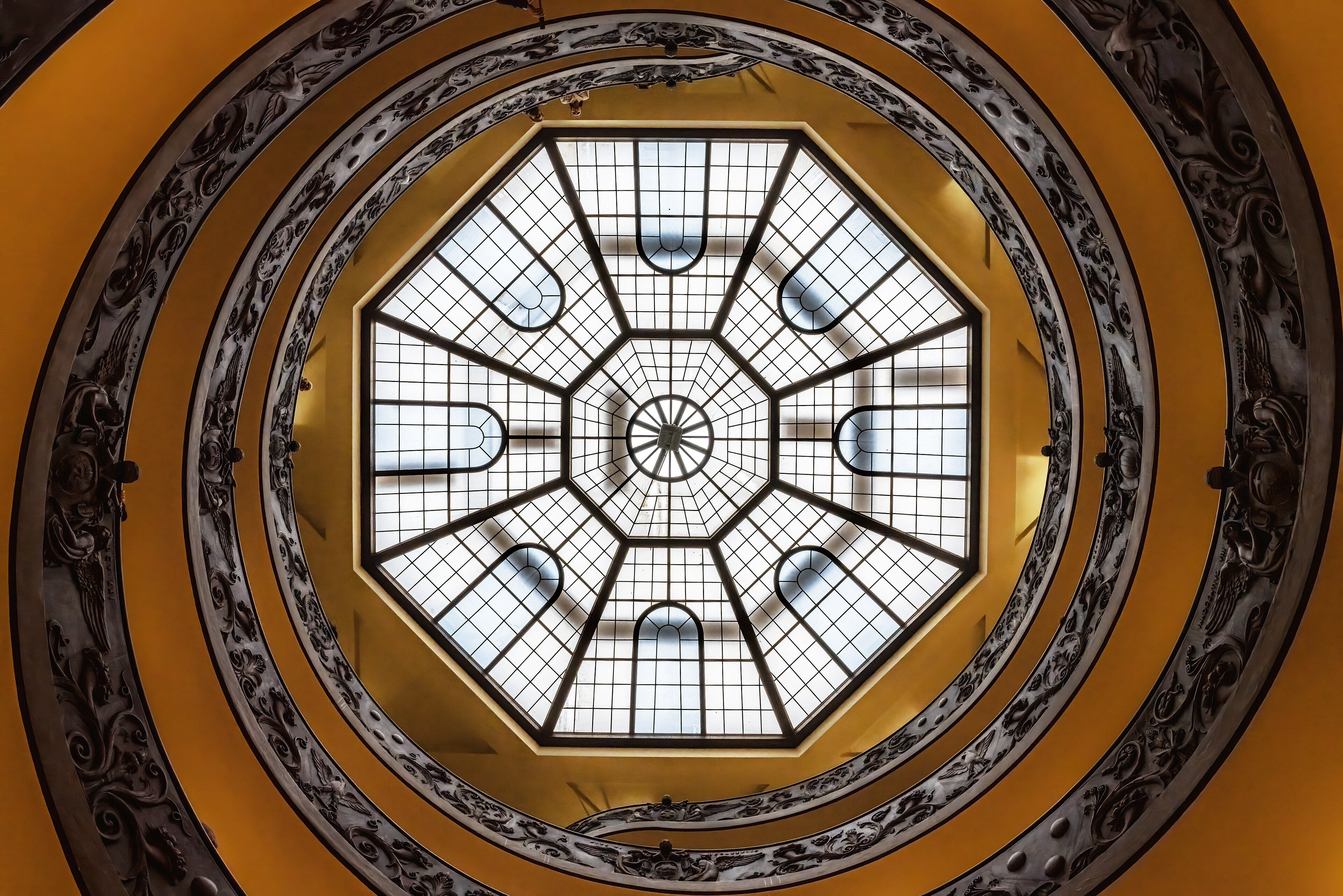The double spiral staircase of the Vatican Museums seen from below