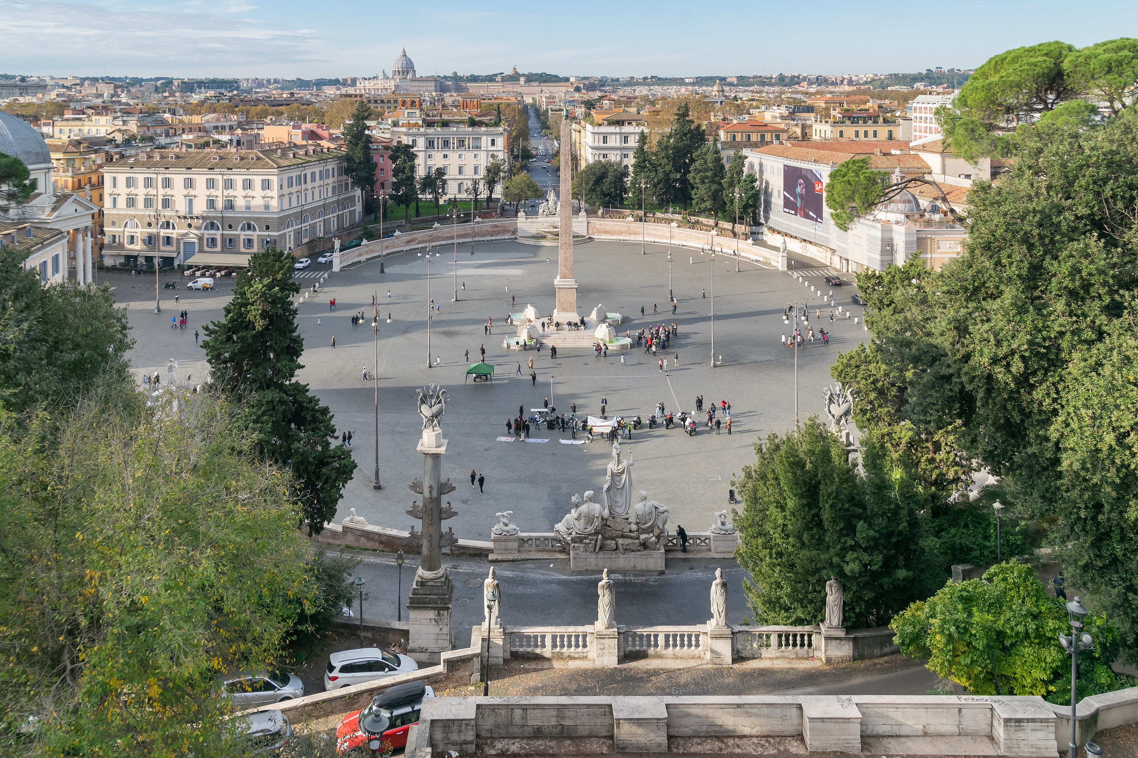 Piazza del Popolo in Rome, a wide square seen from a hill terrace