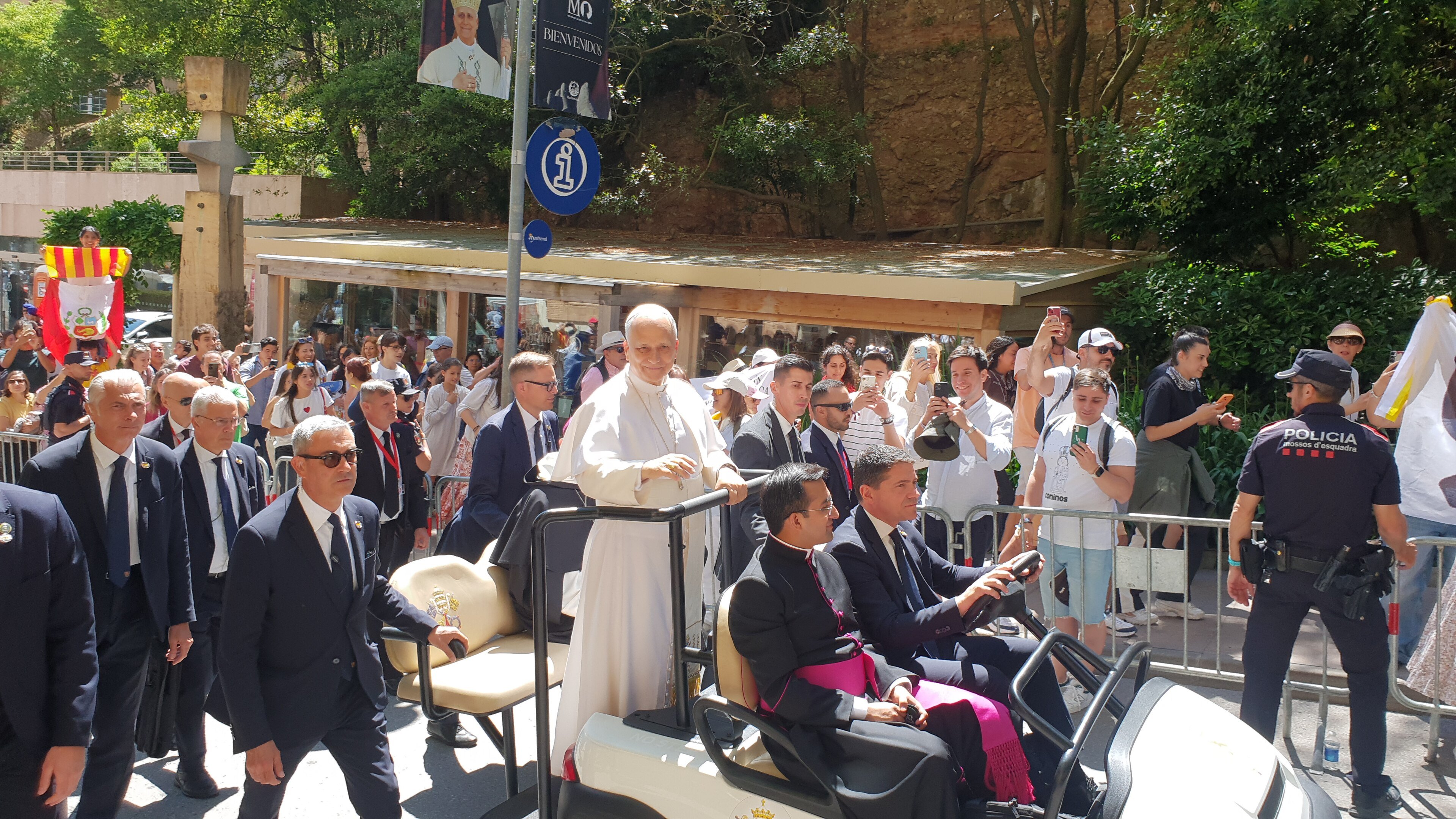 Pope Leo XIV blessing the crowd at the Abbey of Montserrat in June 2026