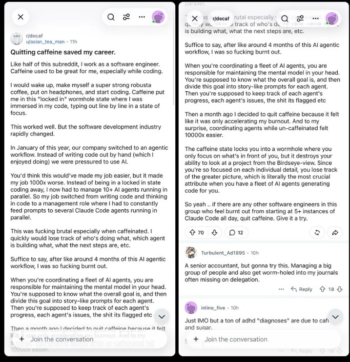 Screenshot of a software engineer's forum post titled Quitting caffeine saved my career, with replies