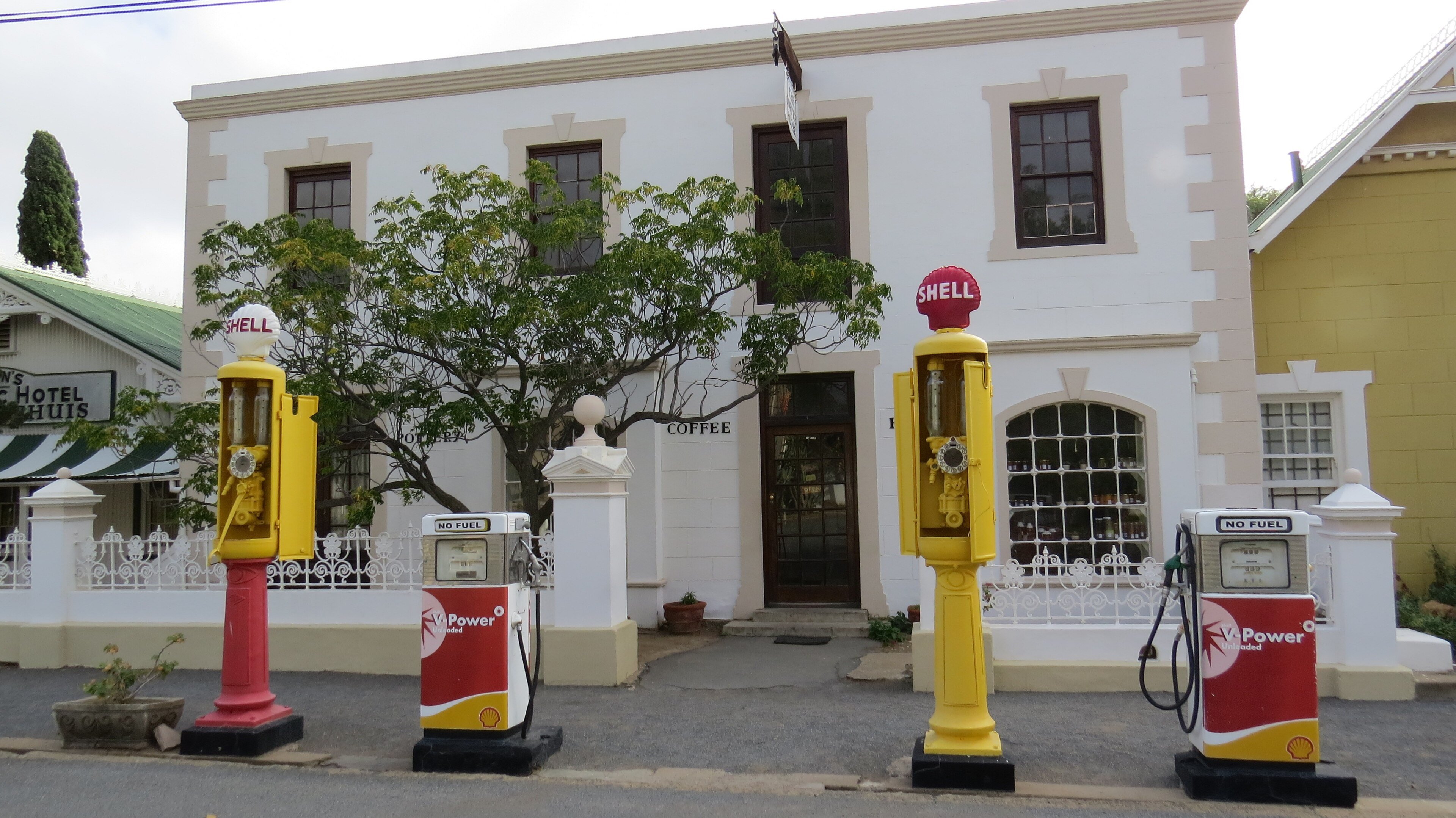 Petrol pumps at a filling station in Matjiesfontein, Western Cape