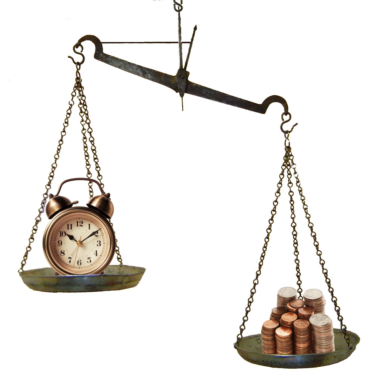 A balance scale with coins and a clock, weighing time against money