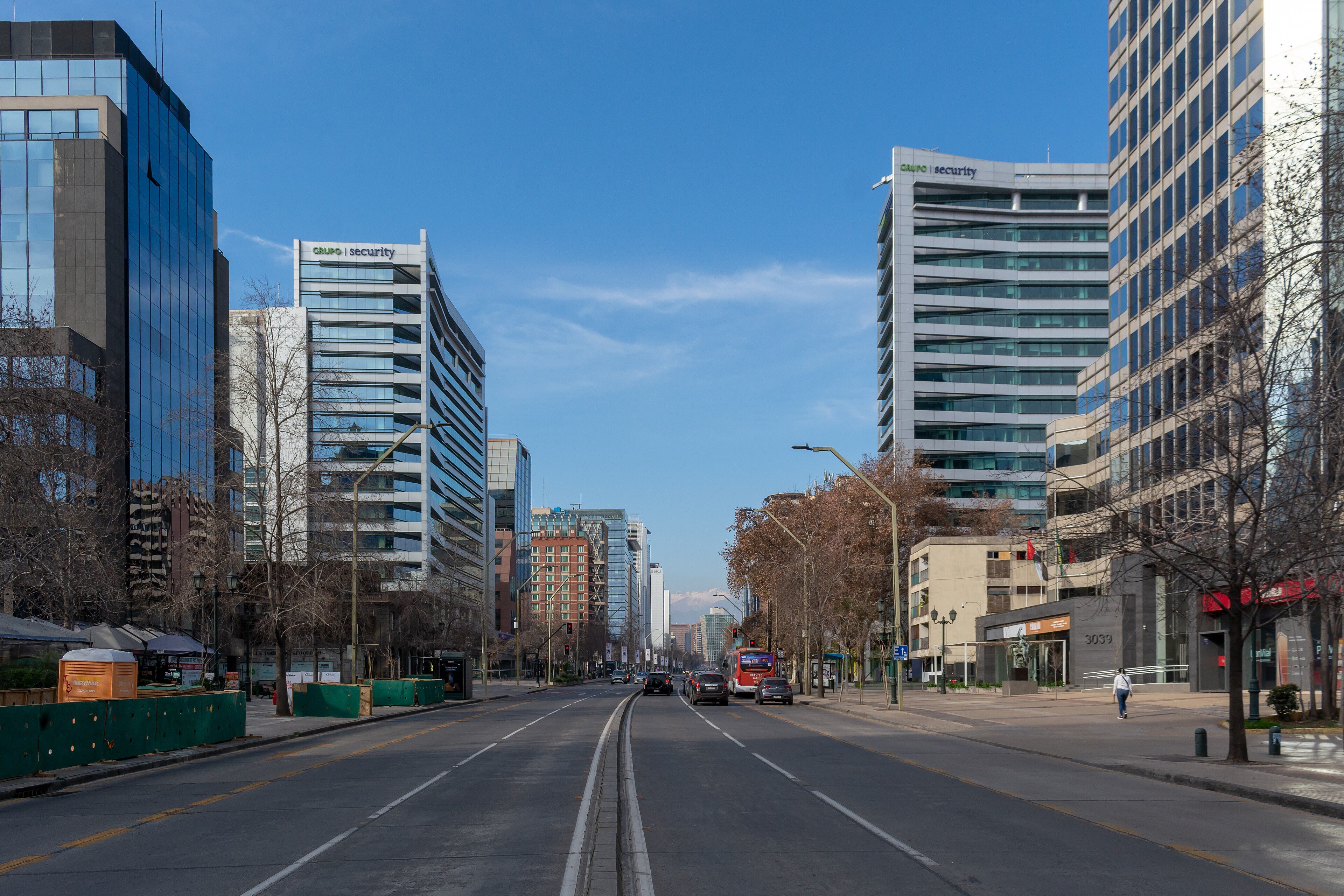 Avenida Apoquindo, a main road in Las Condes, Santiago, with office towers and the Andes behind