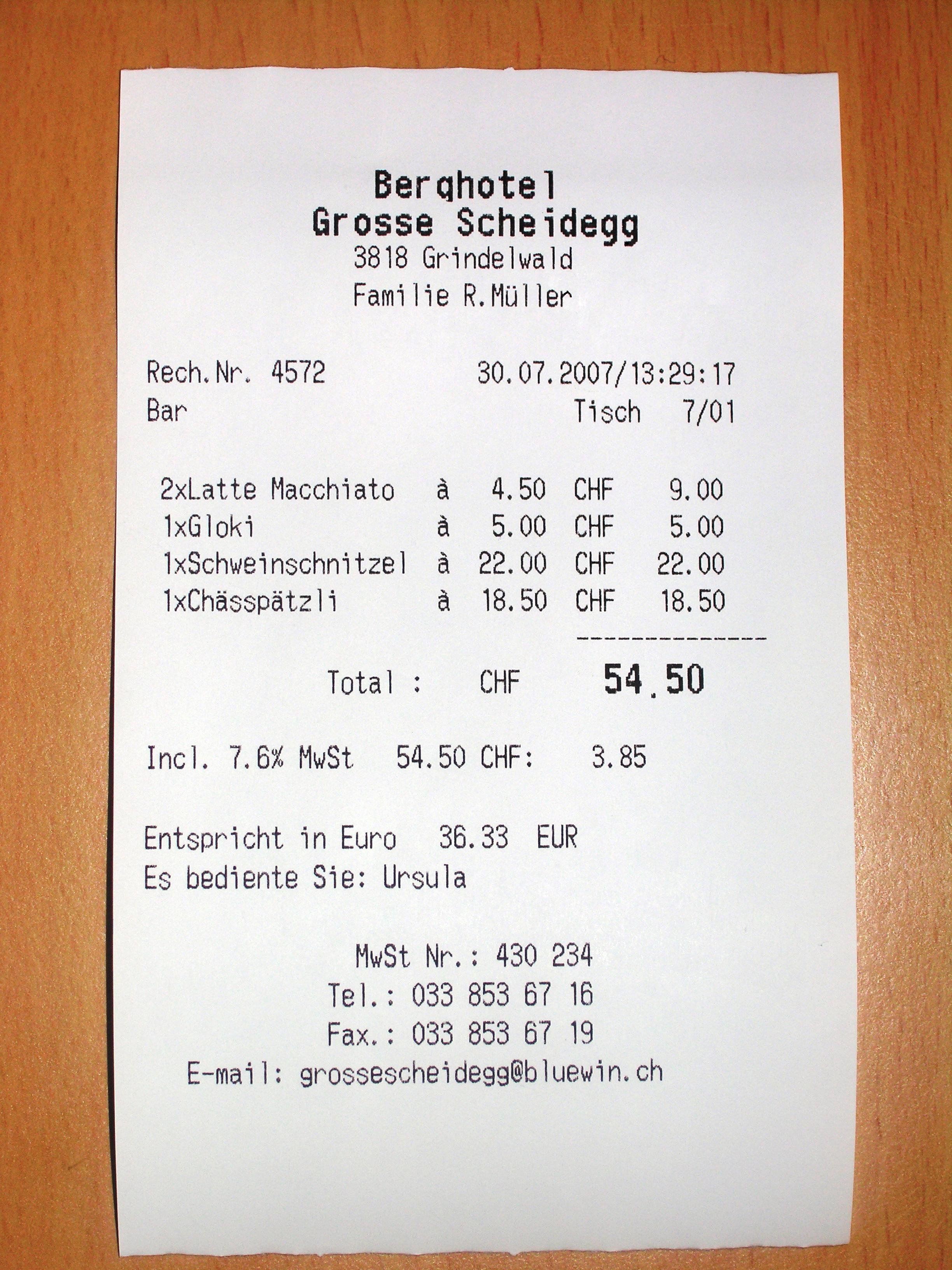 A paper till receipt listing prices for a shopping trip