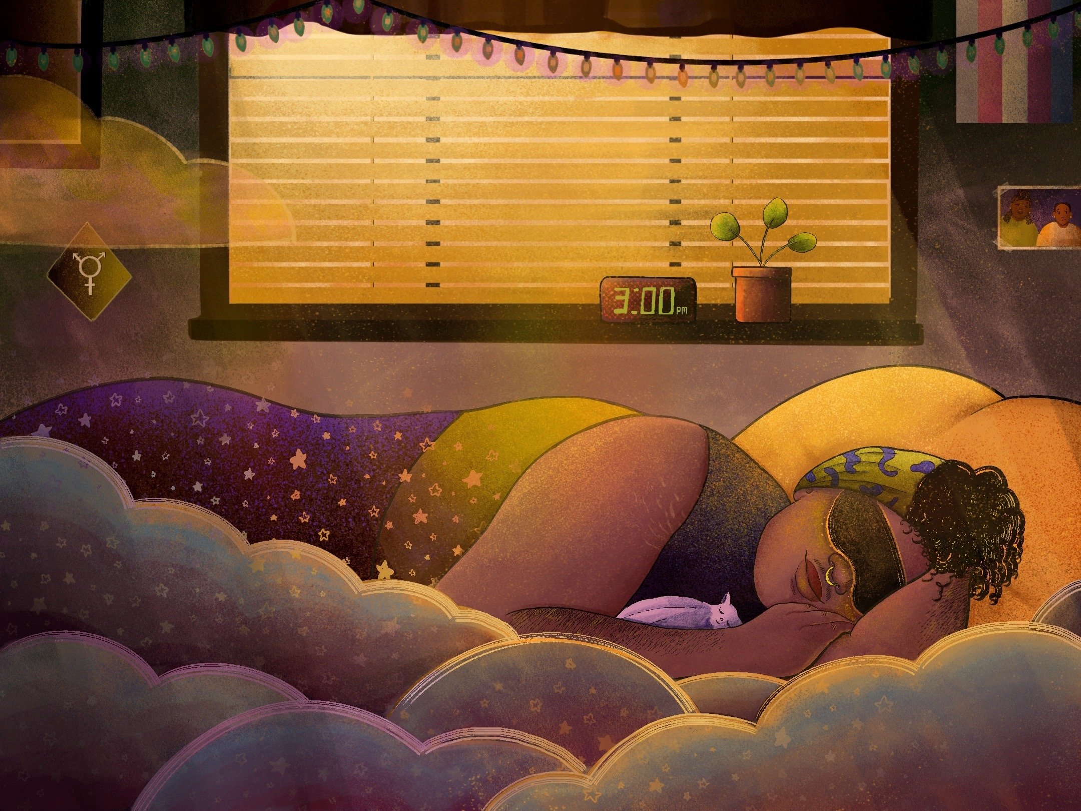 Illustration of a person asleep in an eye mask while the bedside clock reads 3:00 in daylight